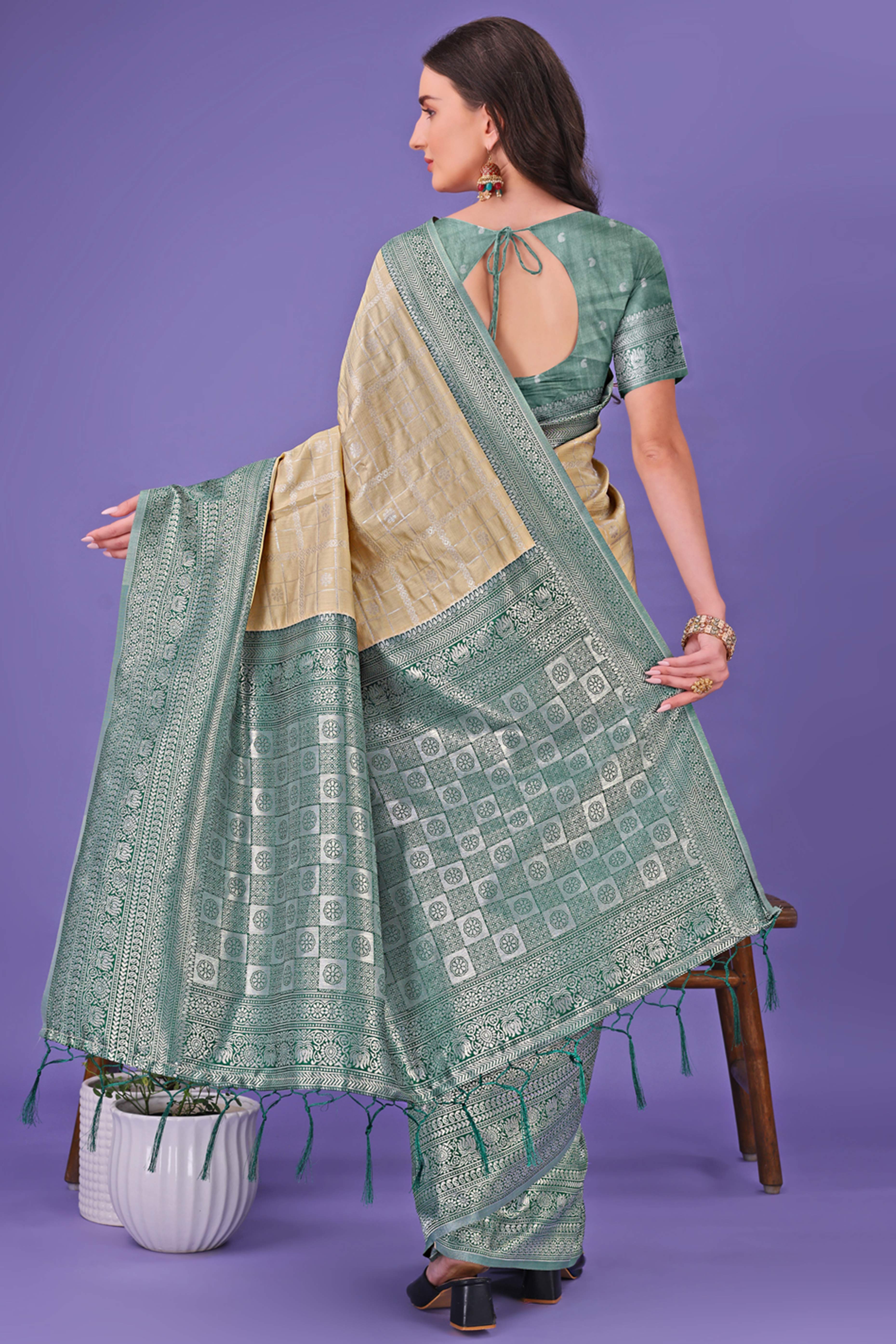 Cream Banarasi Weave in Checked Design with Lustrous Zari Embellishments