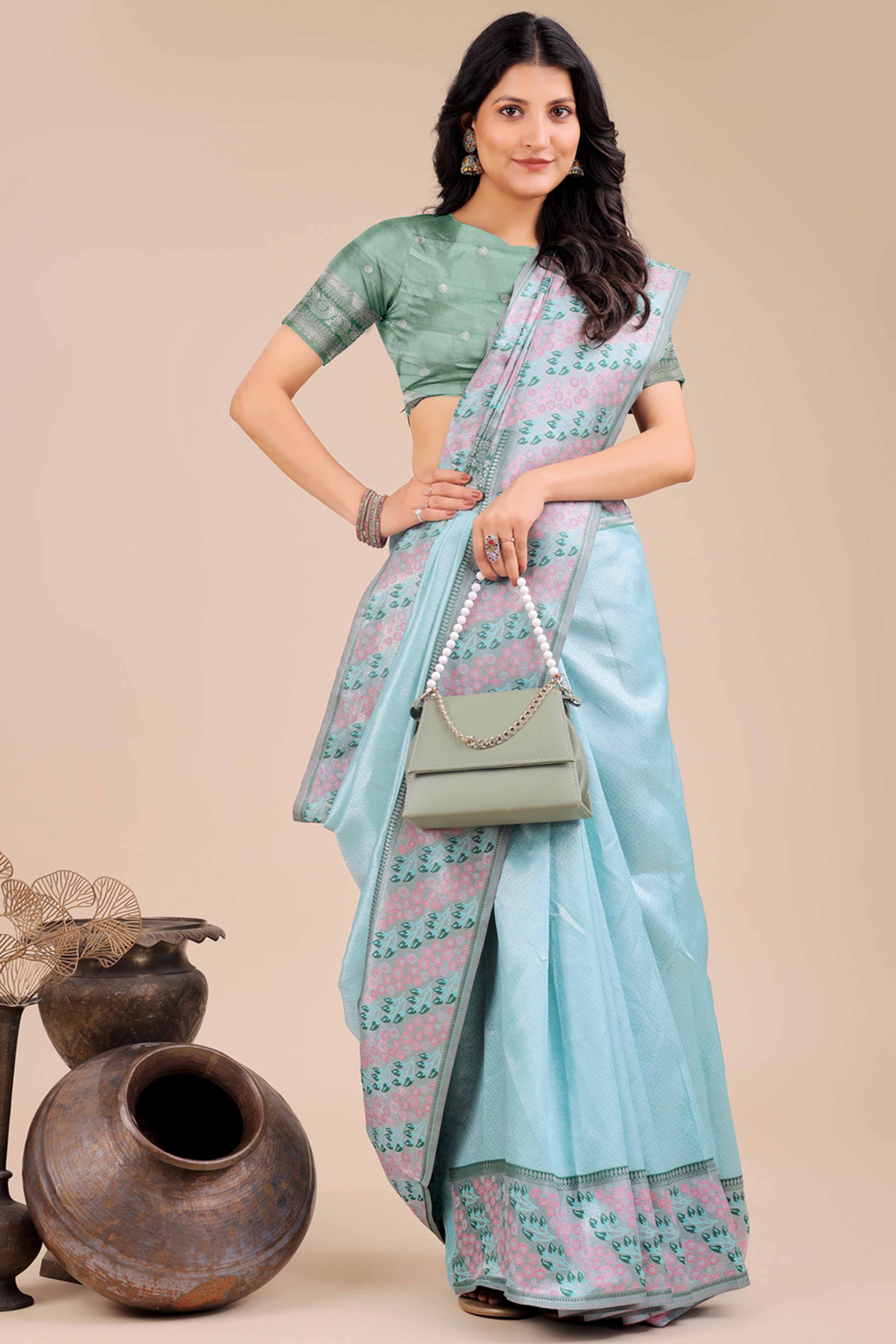 Light Blue Silk Blend Saree Embellished With Zari Weaving & Tassel Accents