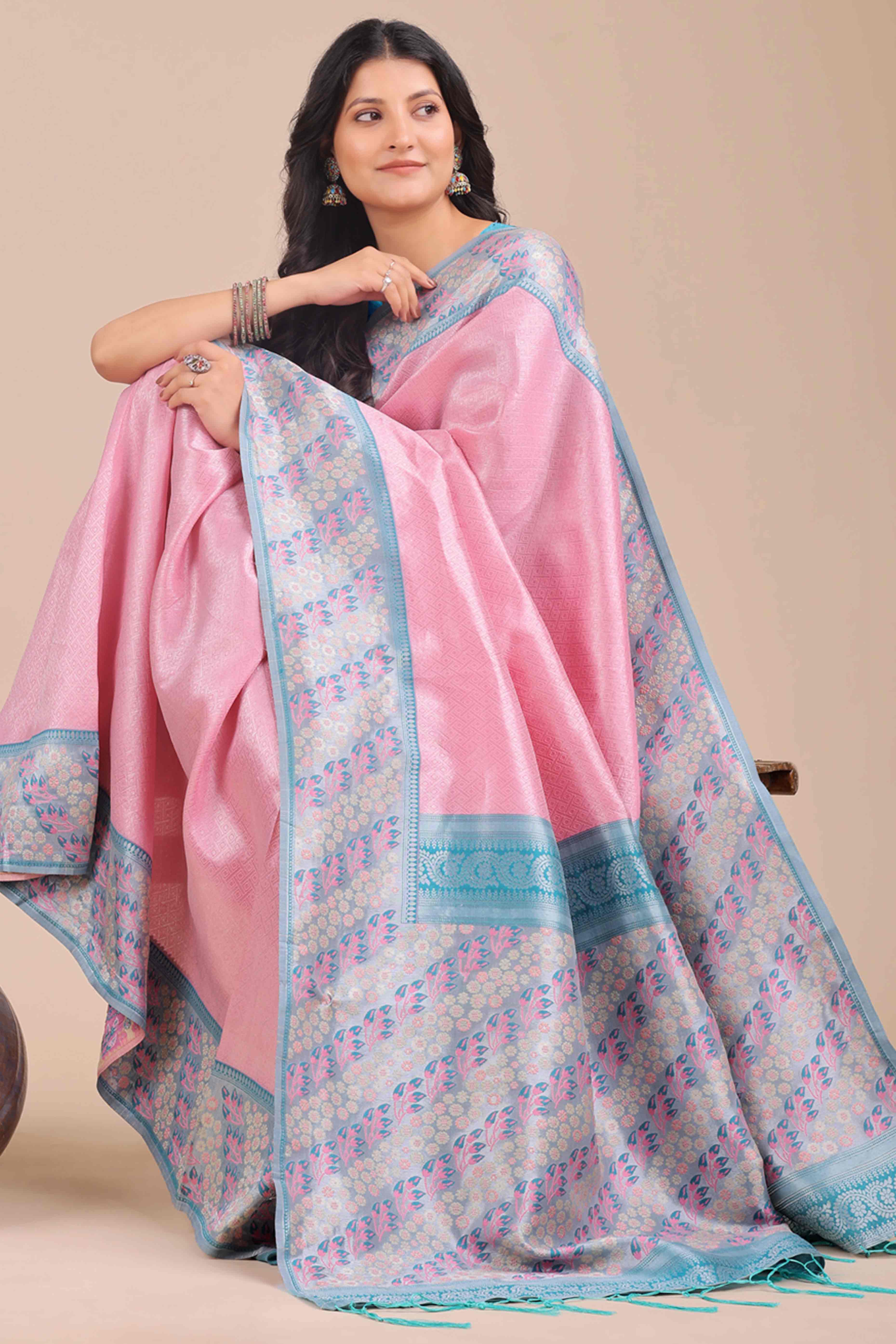 Pink Silk Blend Saree Embellished With Zari Weaving & Tassel Accents