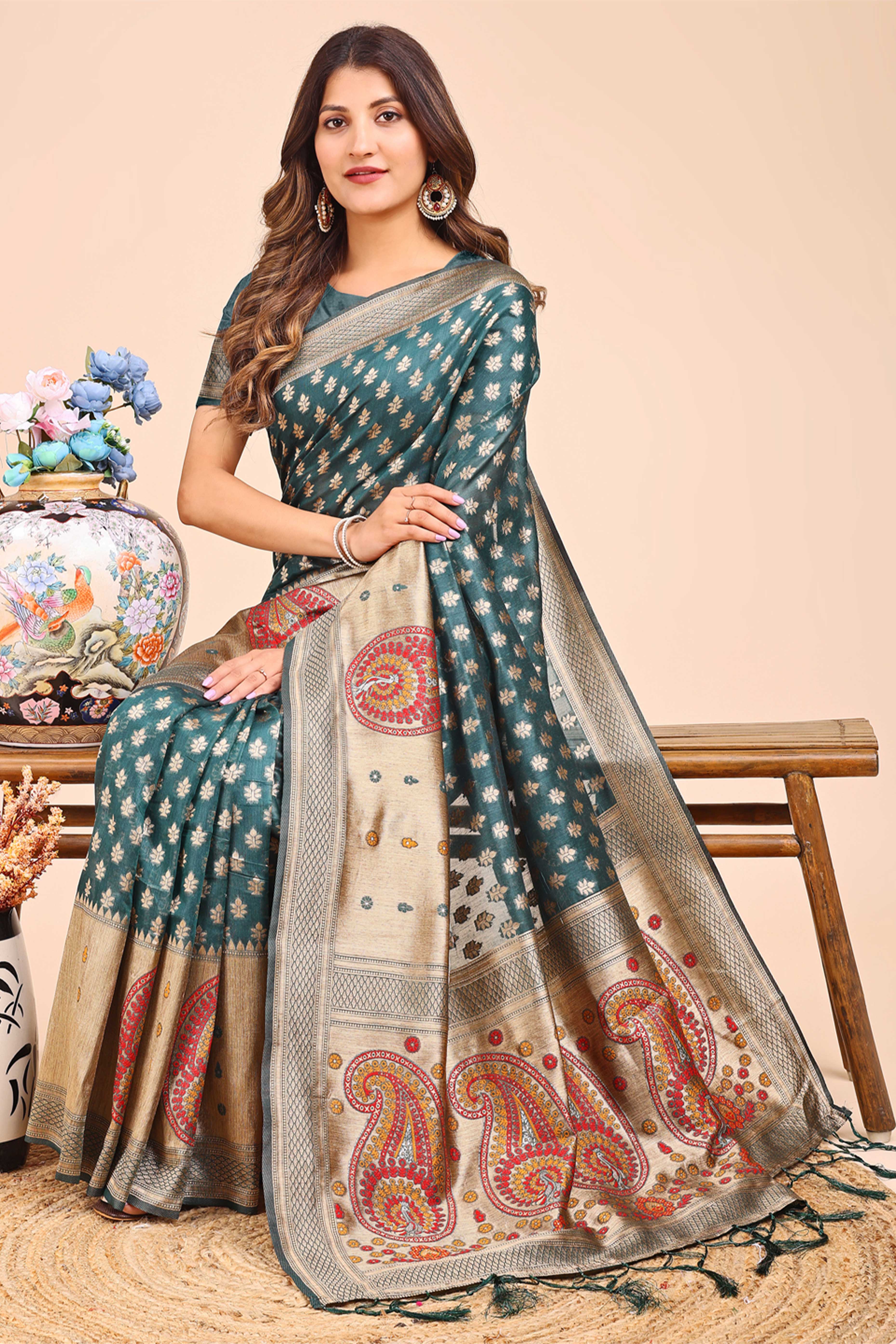 Teal Zari Butti Weaving Linen Cotton Saree