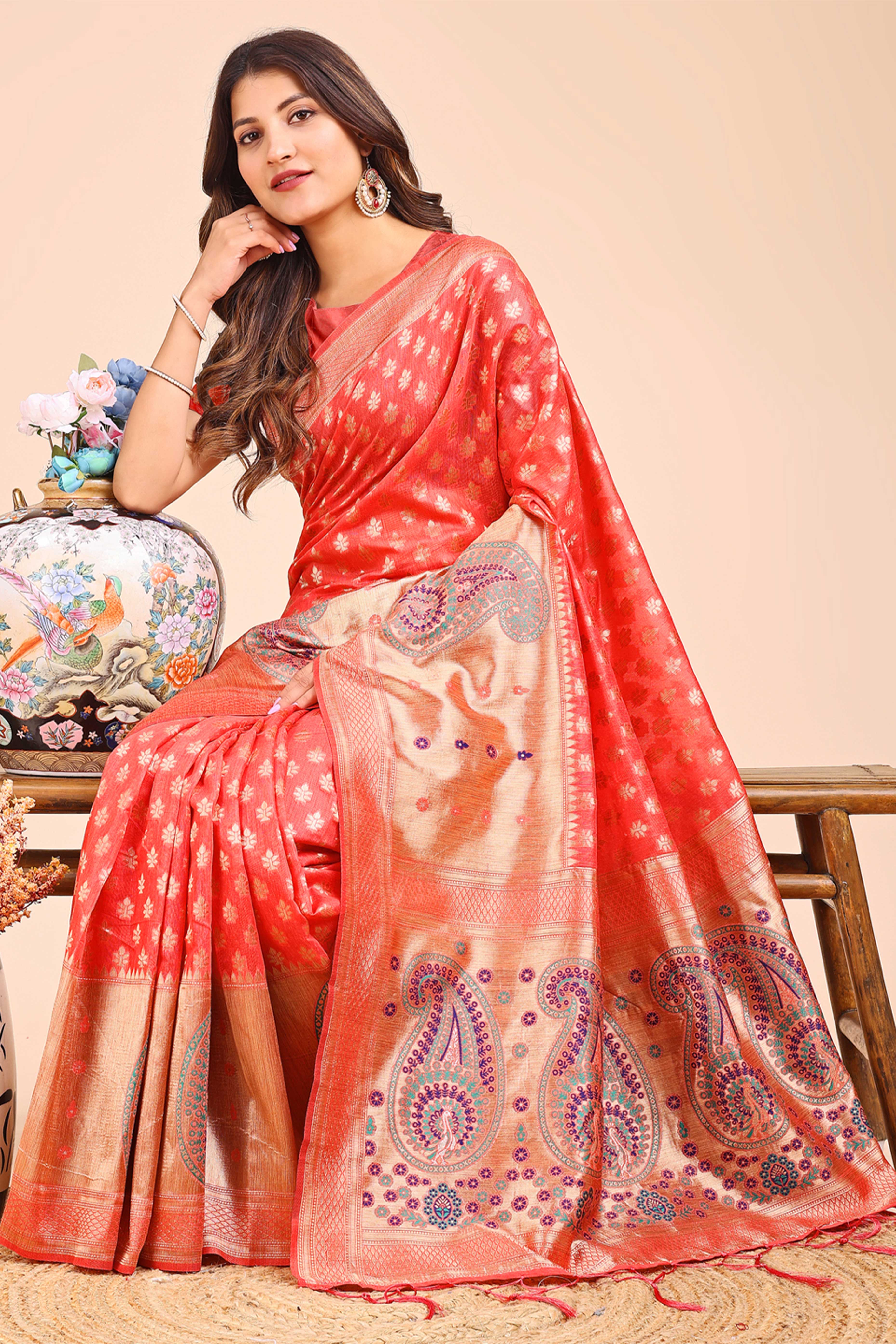 Peach Zari Butti Weaving Linen Cotton Saree