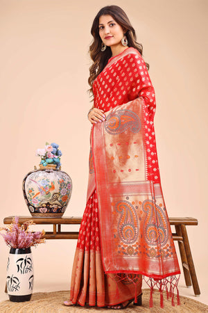Red Zari Butti Weaving Linen Cotton Saree