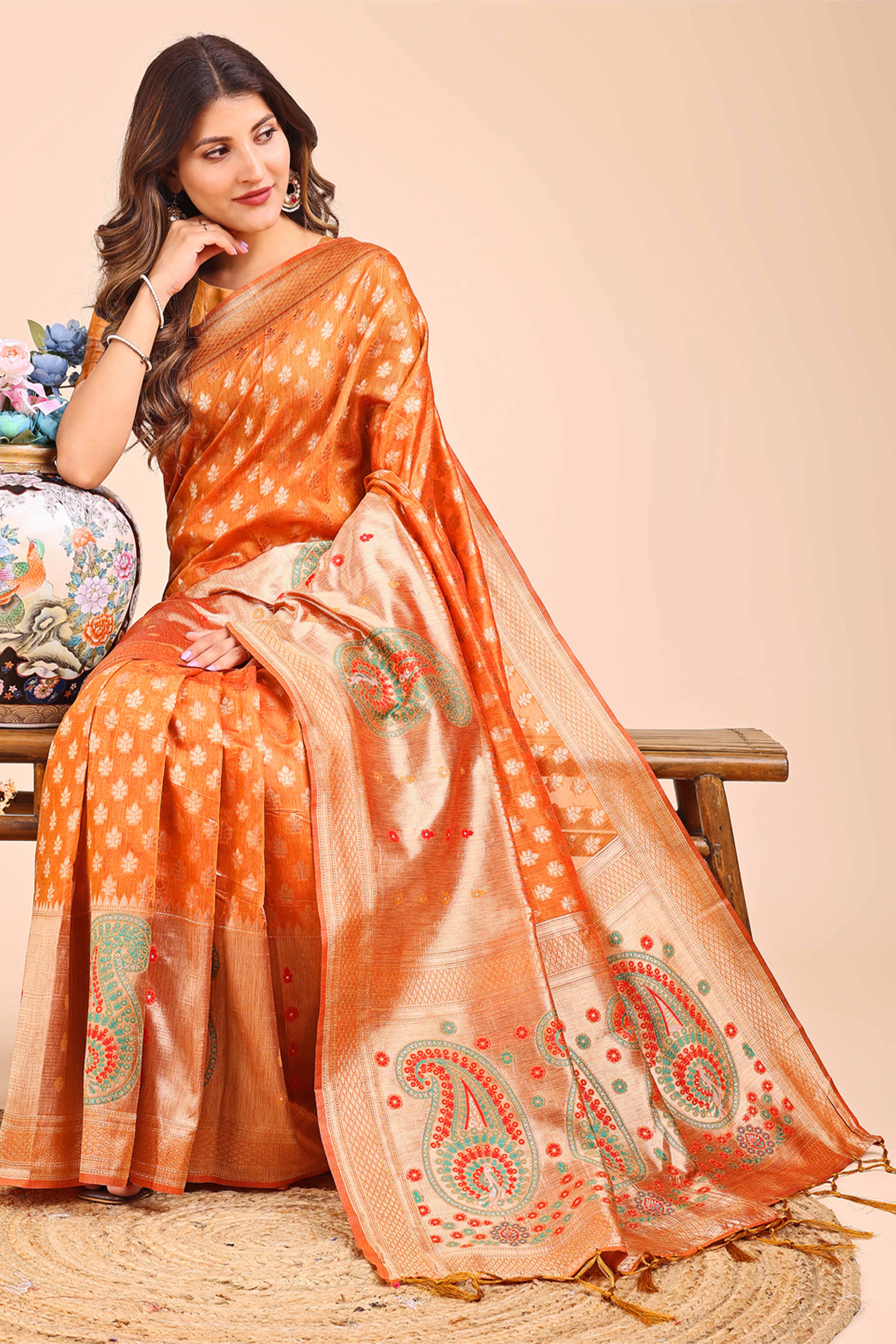 Rust Orange Zari Butti Weaving Linen Cotton Saree