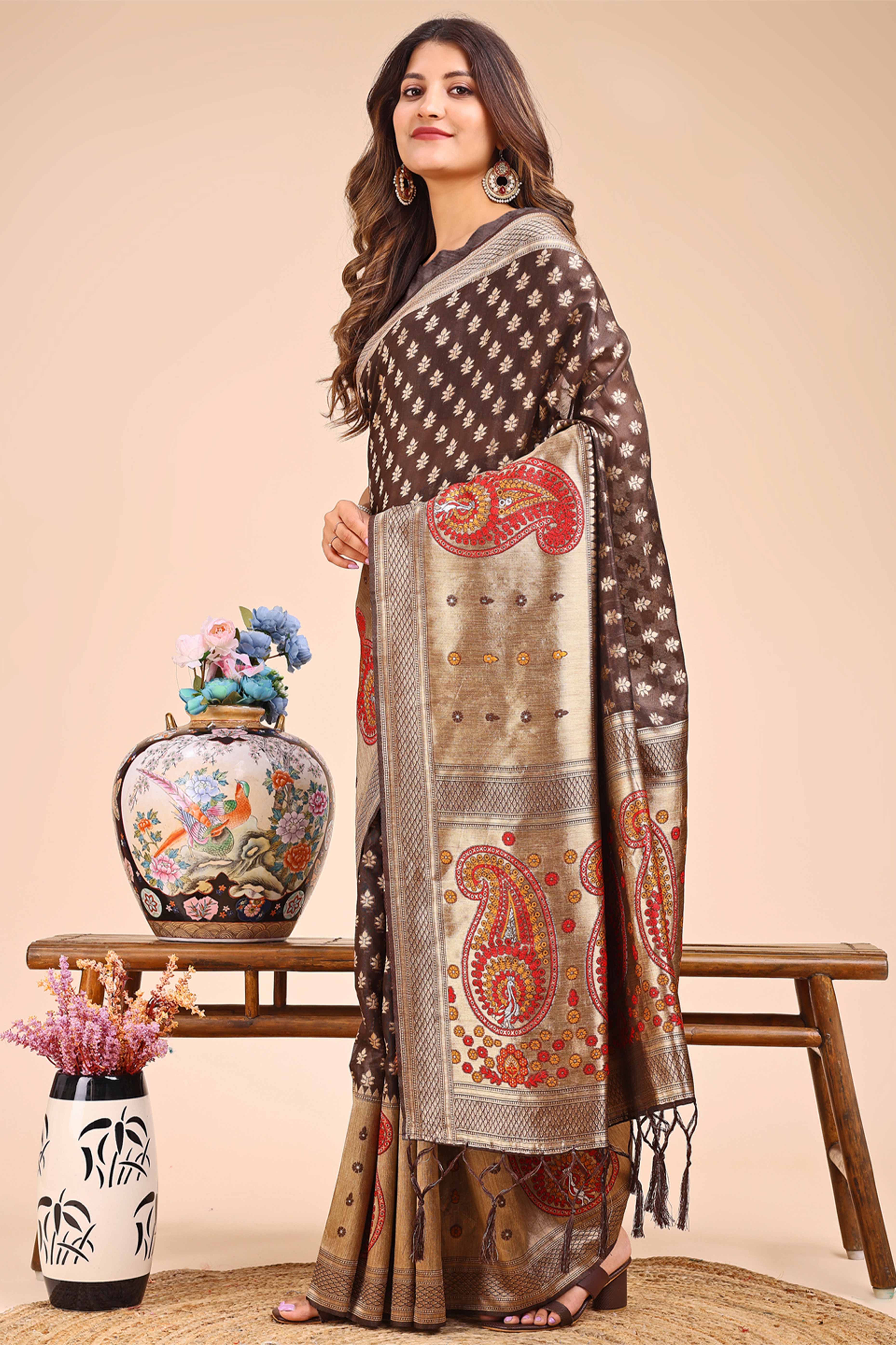 Brown Zari Butti Weaving Linen Cotton Saree