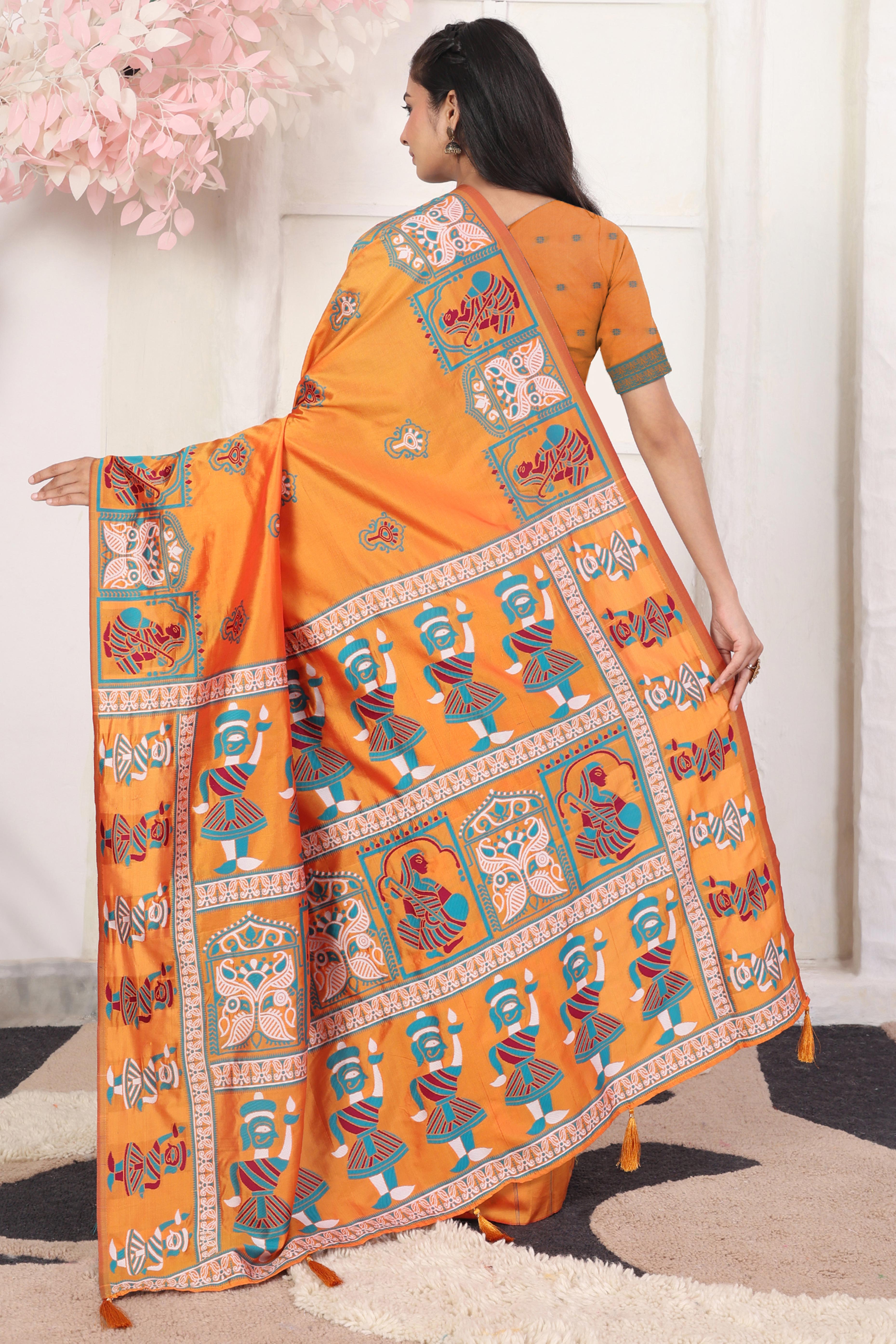 Orange Ethnic Madhubani Print Silk Blend Saree Enhanced With Tassel Pallu Accents