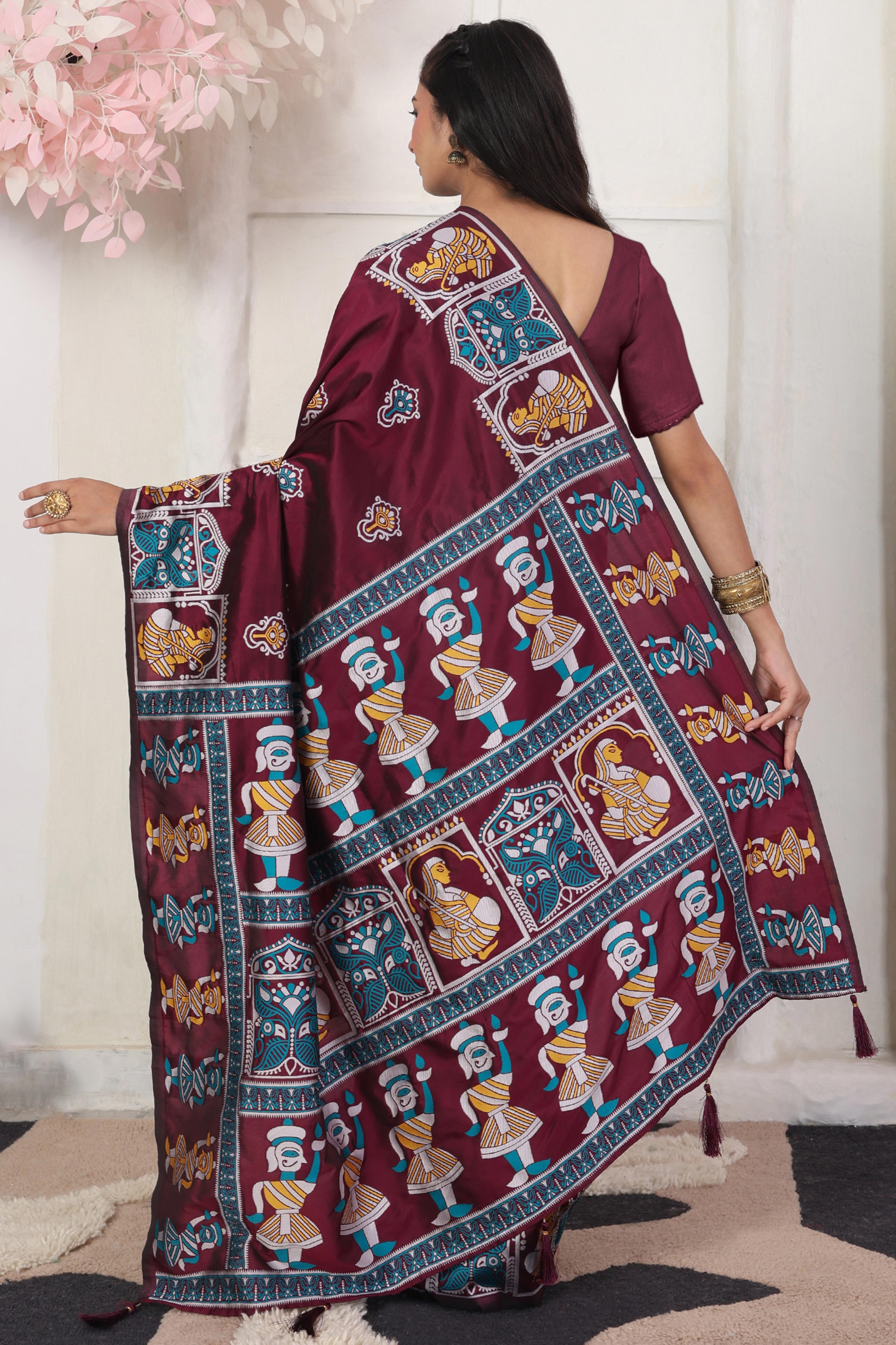Dark Wine Ethnic Madhubani Print Silk Blend Saree Enhanced With Tassel Pallu Accents