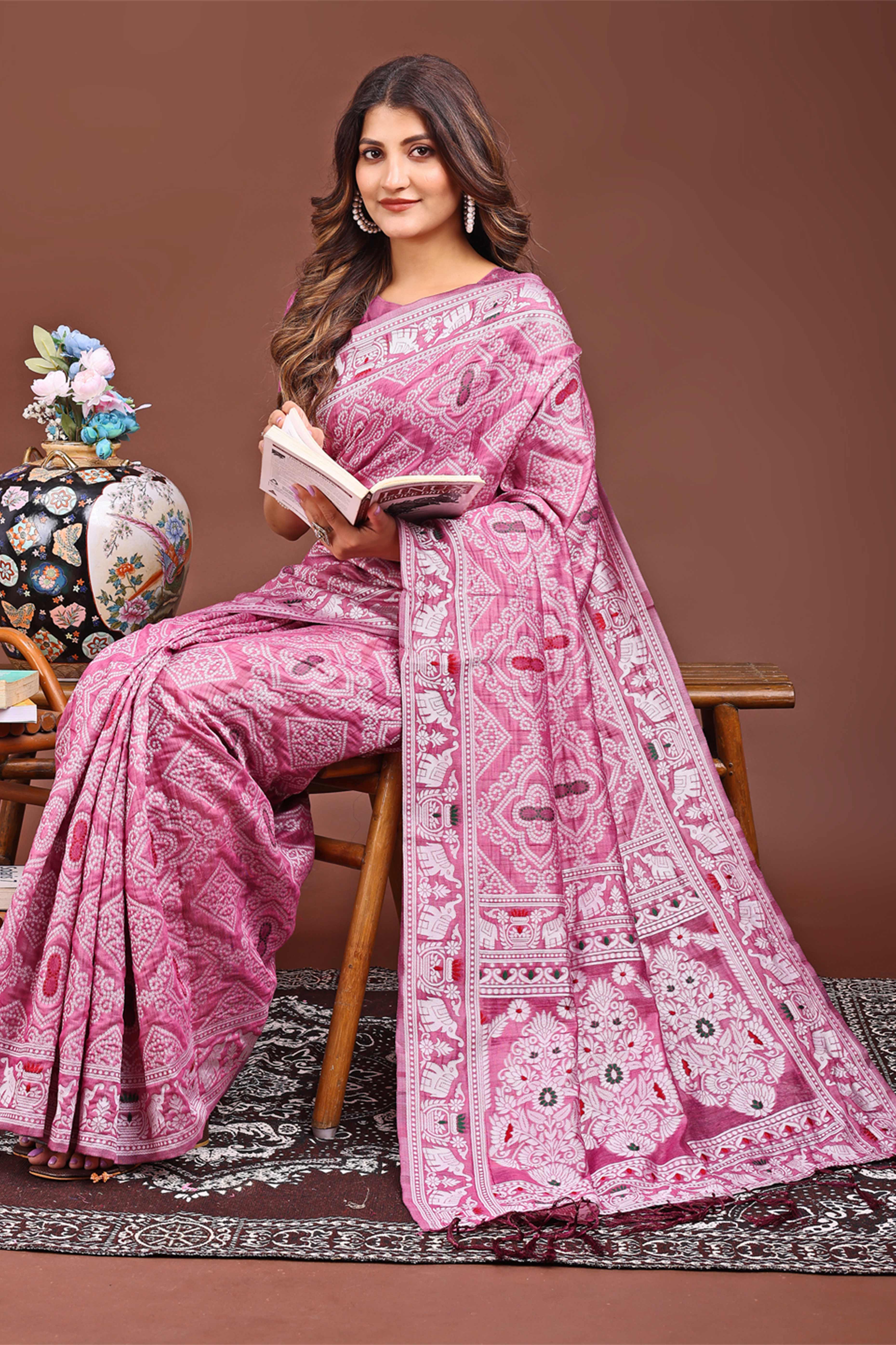 Traditional Bandhani Inspired Woven Pink Saree in Breathable Linen Cotton