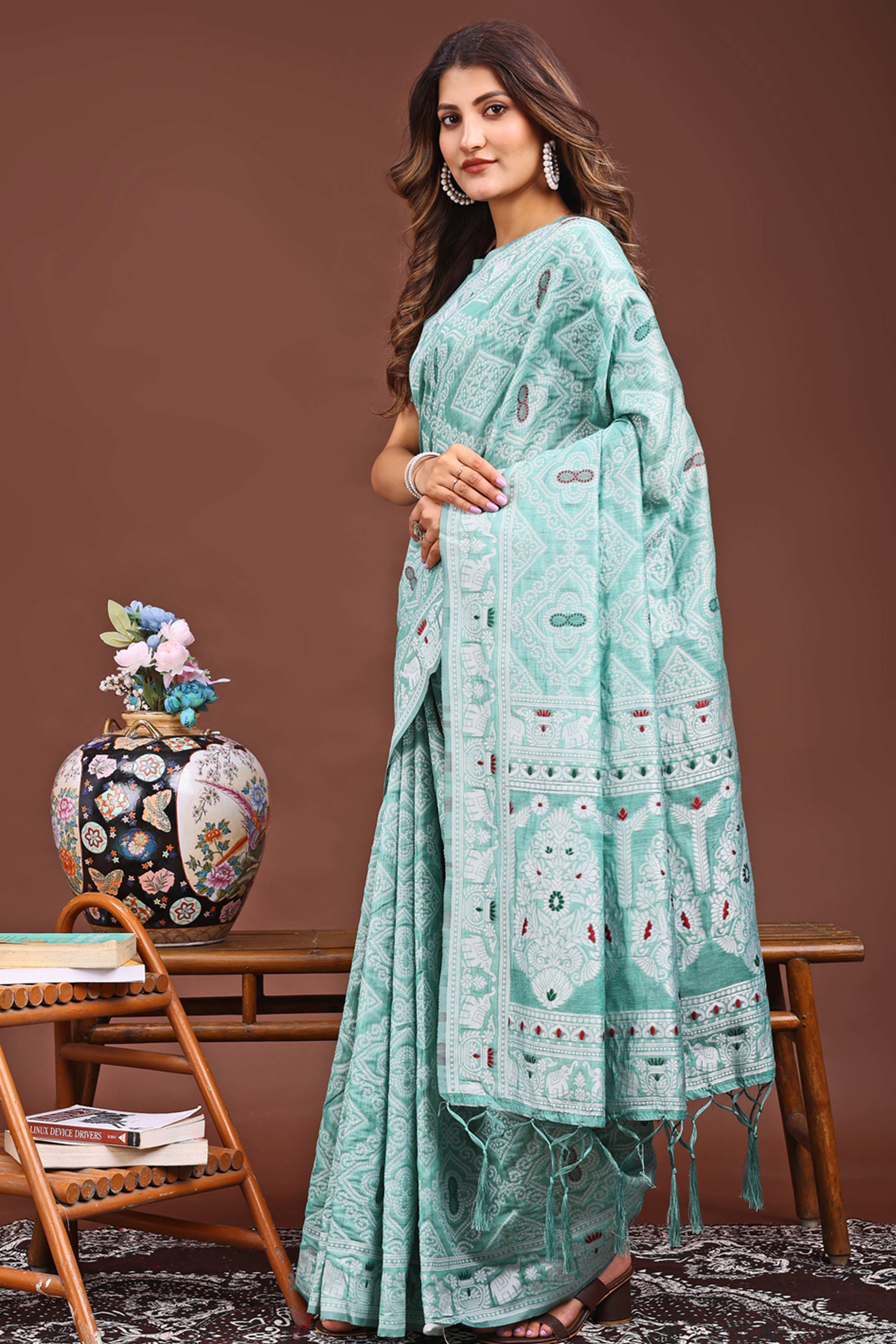 Traditional Bandhani Inspired Woven Sea Green Saree in Breathable Linen Cotton