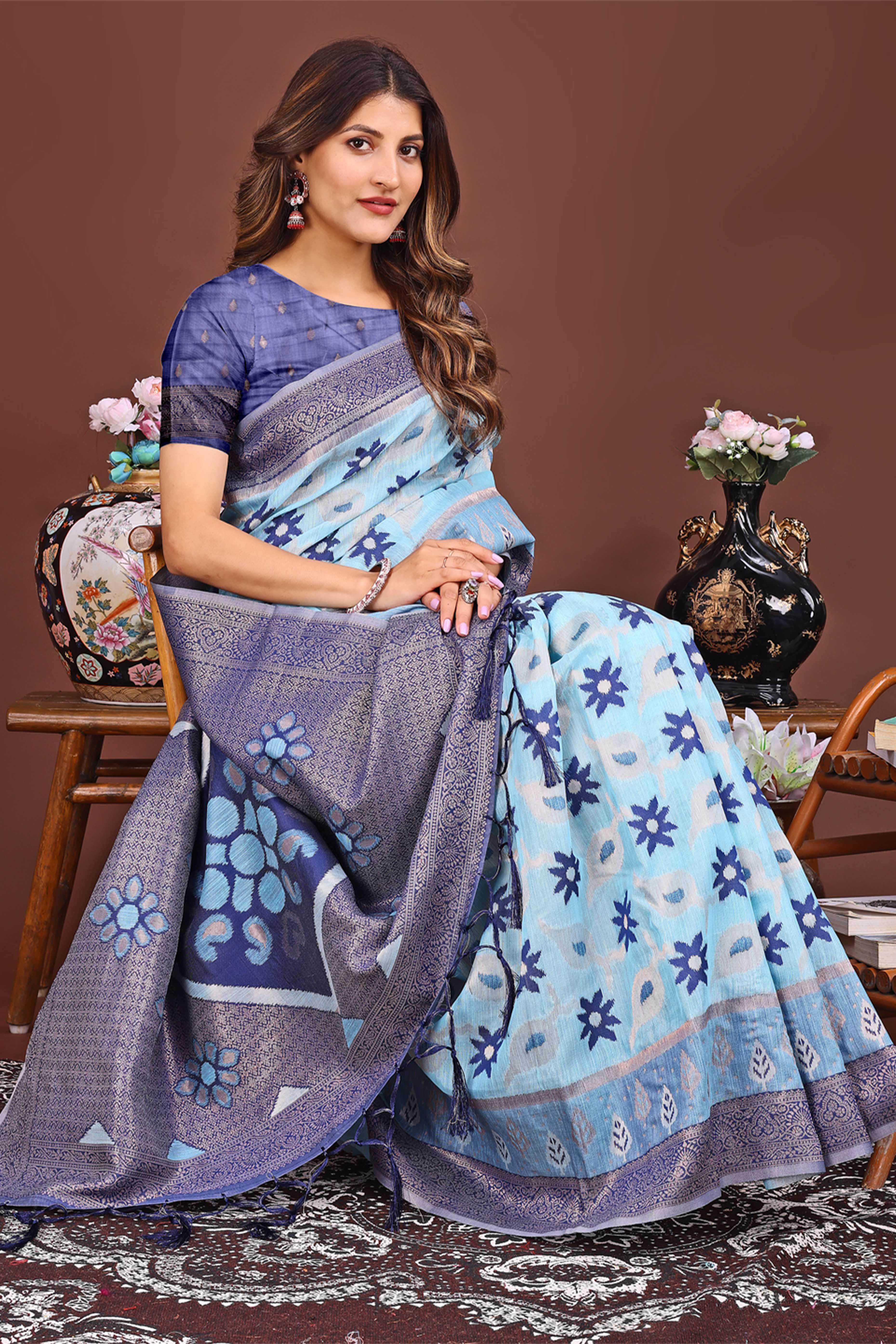 Sky Blue Ethnic Saree in Linen Cotton Fabric with Intricate Floral Pattern Weaving