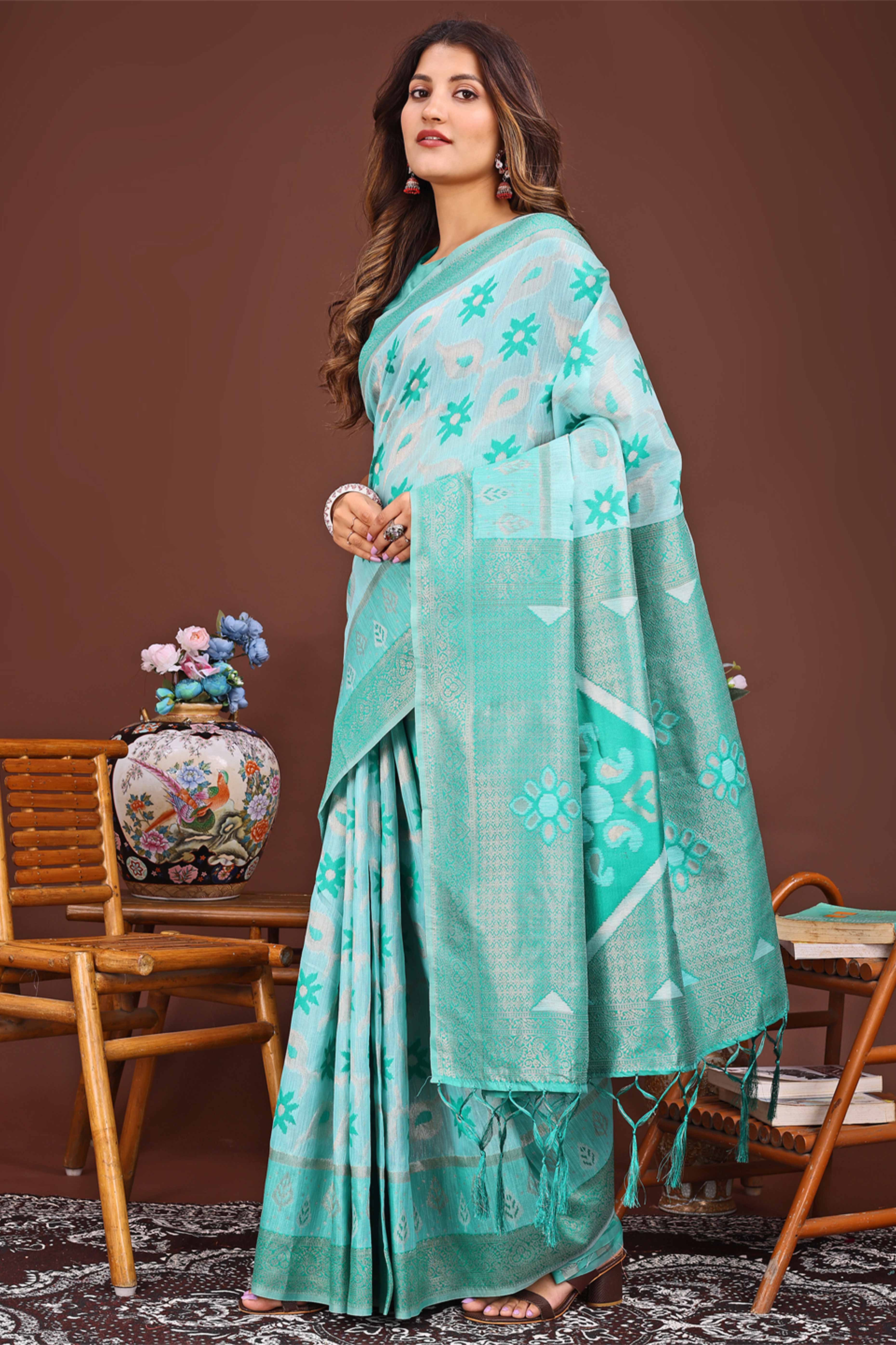 Sea Green Ethnic Saree in Linen Cotton Fabric with Intricate Floral Pattern Weaving
