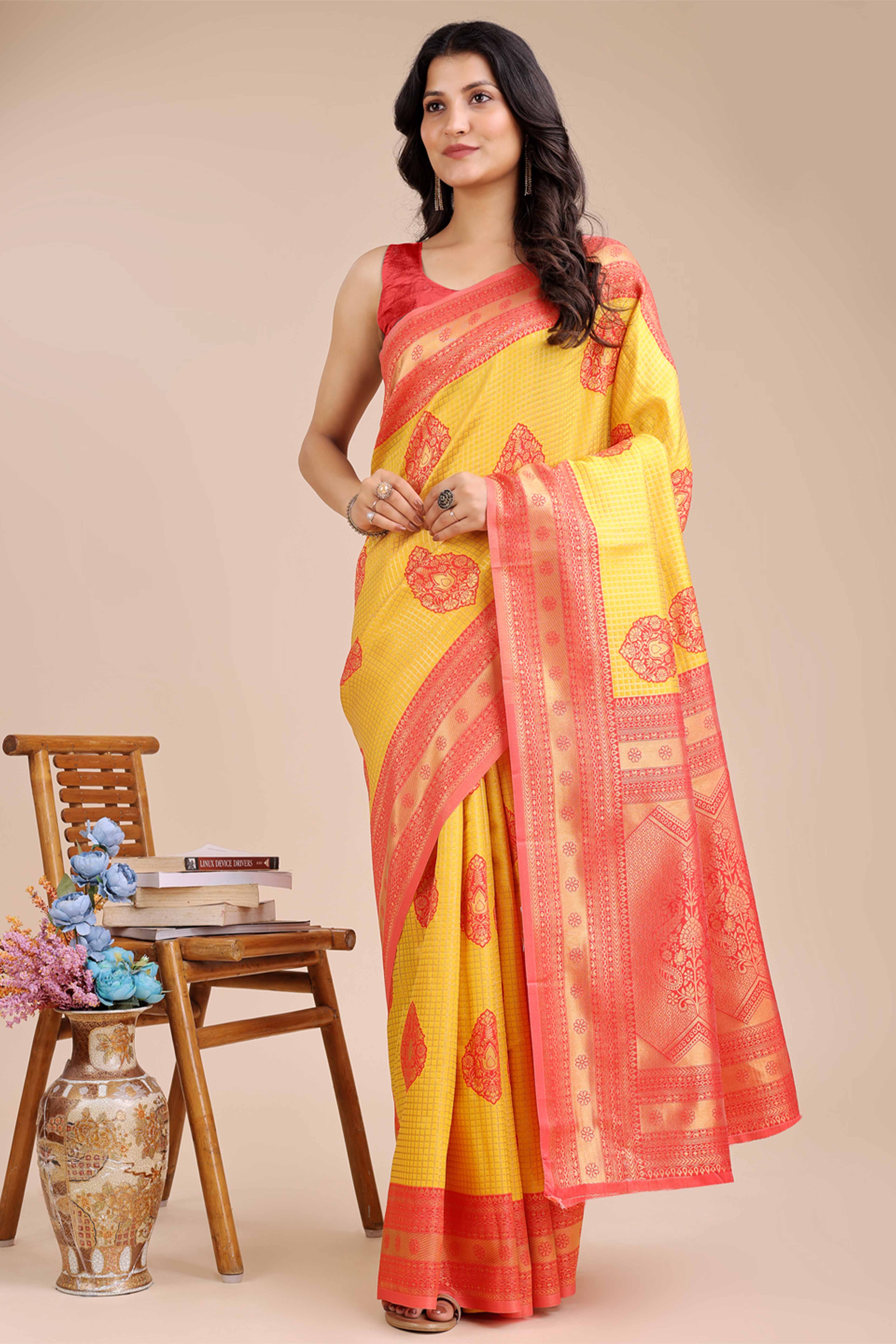 Yellow & Red Saree in Pure Banarasi Silk with Intricate Zari Borders and Motifs