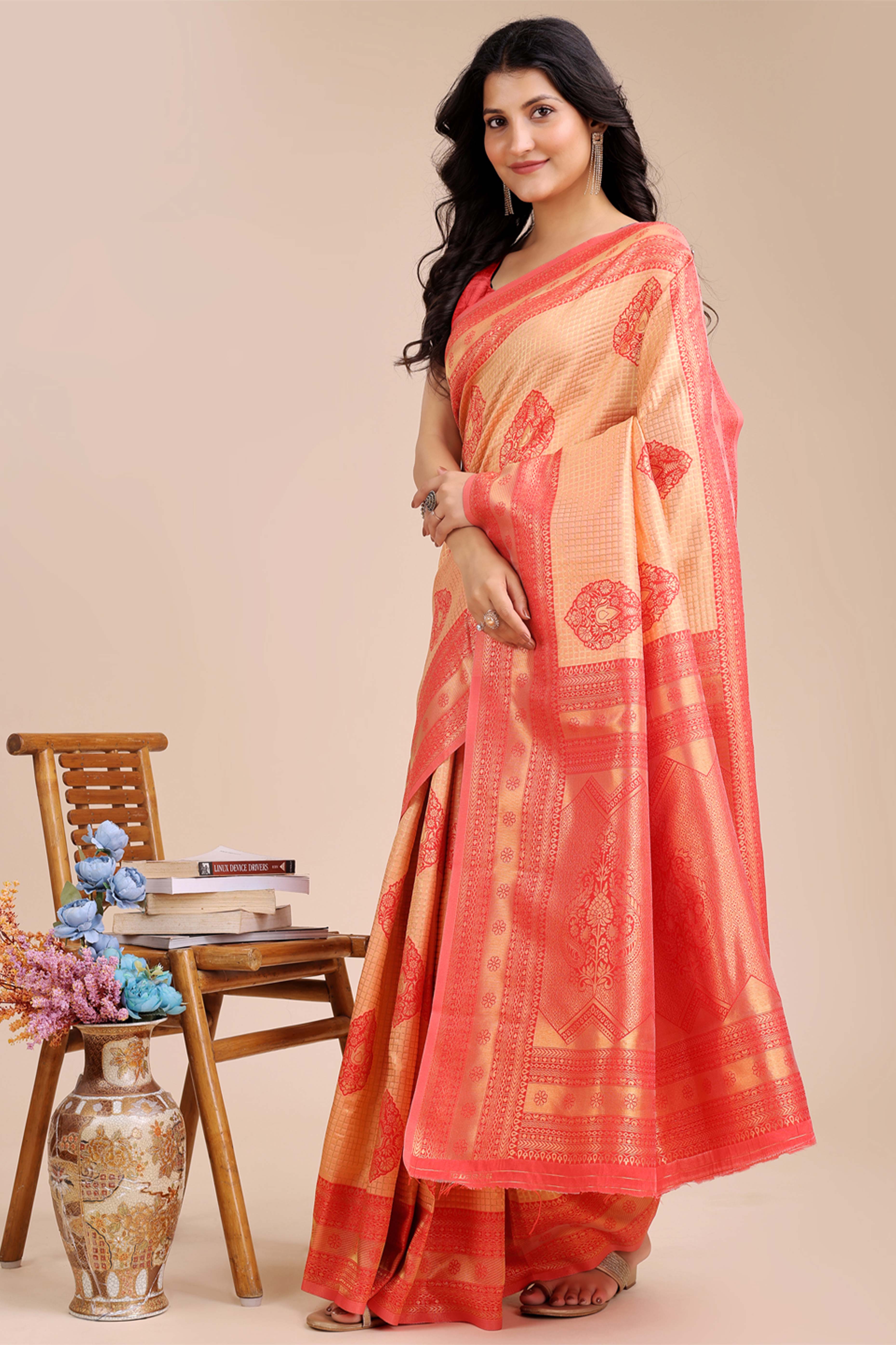 Orange & Red Saree in Pure Banarasi Silk with Intricate Zari Borders and Motifs