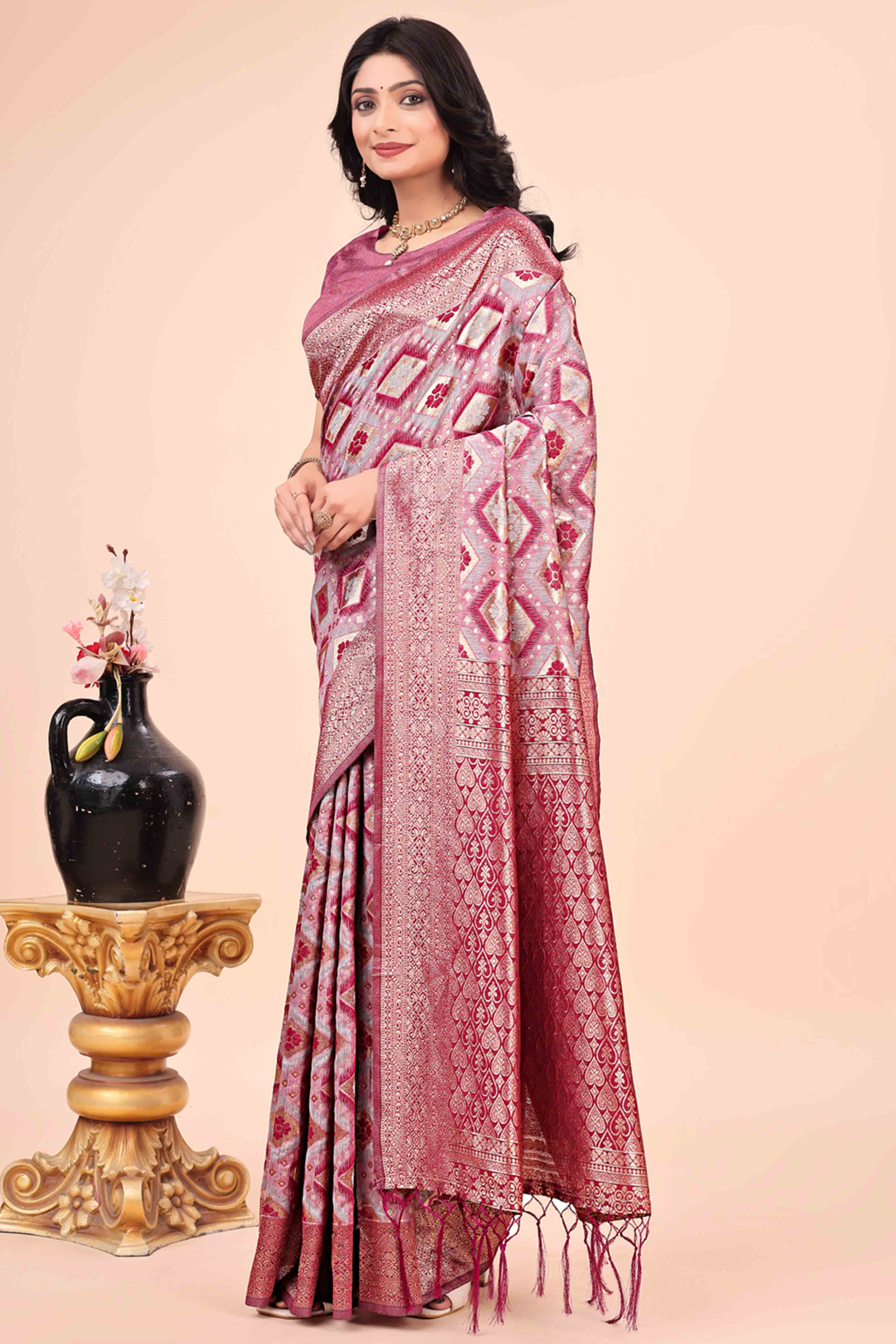 Floral Weaving On Pink Cotton Blend Saree With Tassels