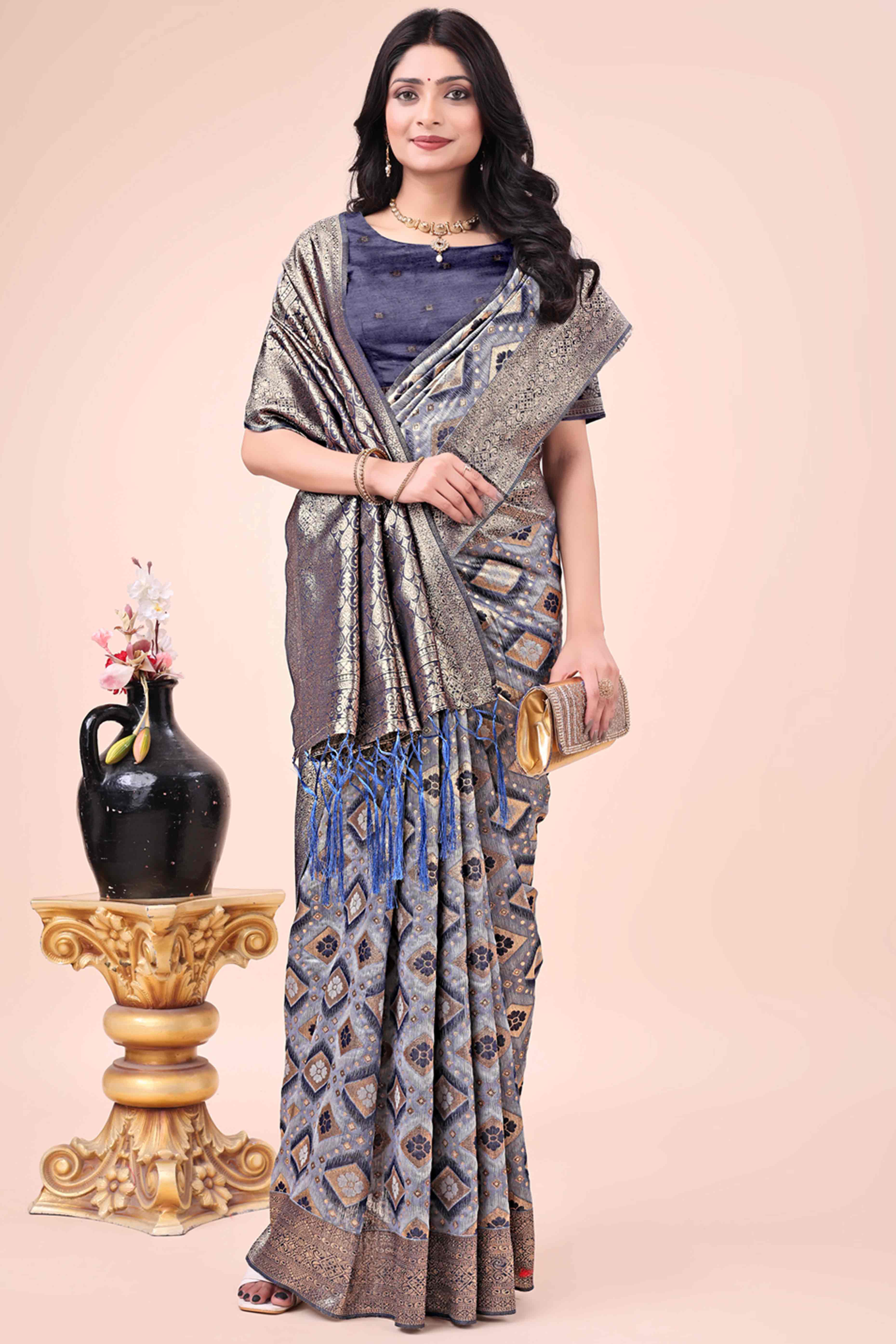 Floral Weaving On Navy Blue Cotton Blend Saree With Tassels