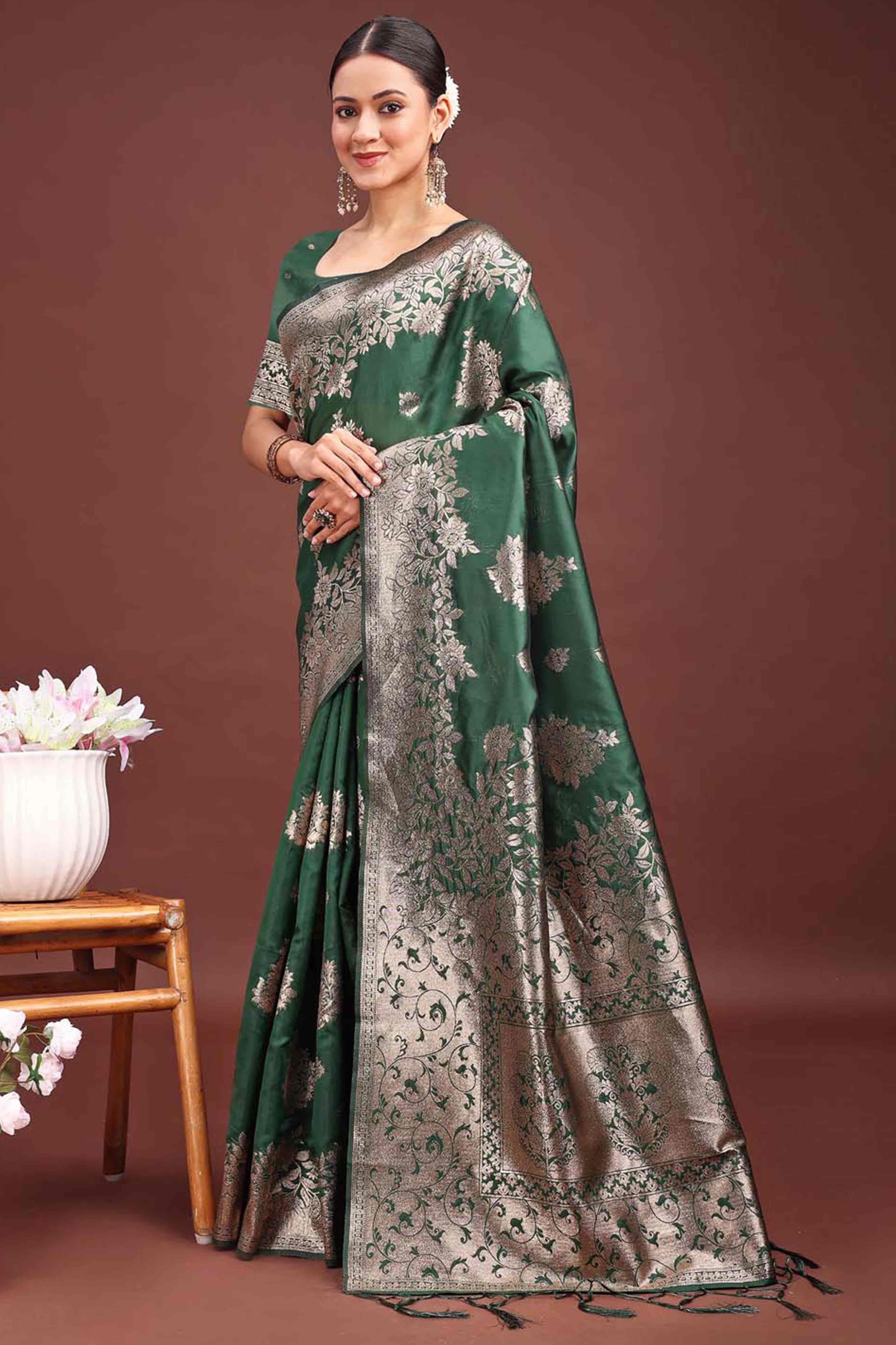 Dark Green Banarasi Silk Saree With Floral Zari Weaving & Elegant Tassels