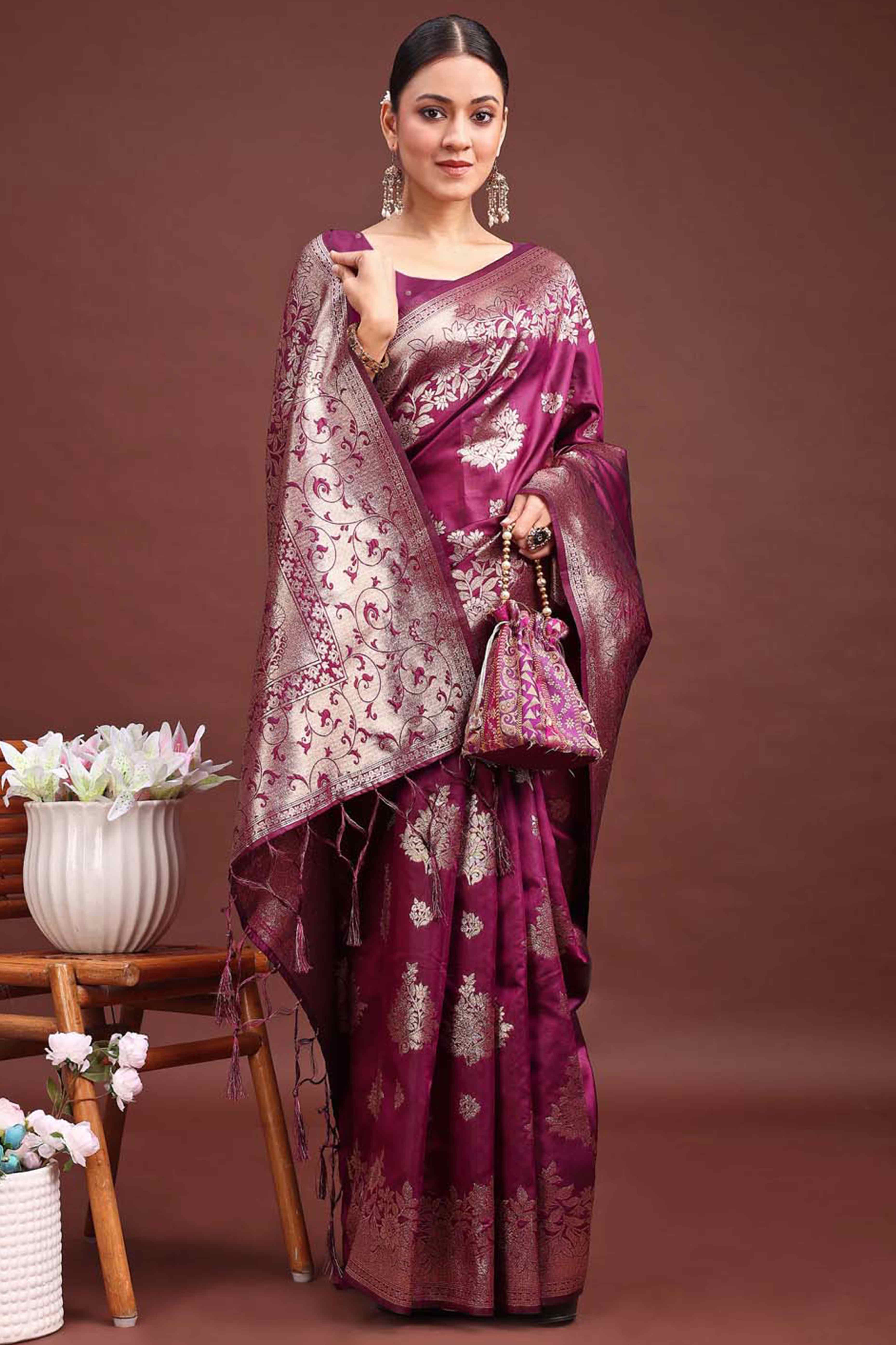 Wine Banarasi Silk Saree With Floral Zari Weaving & Elegant Tassels