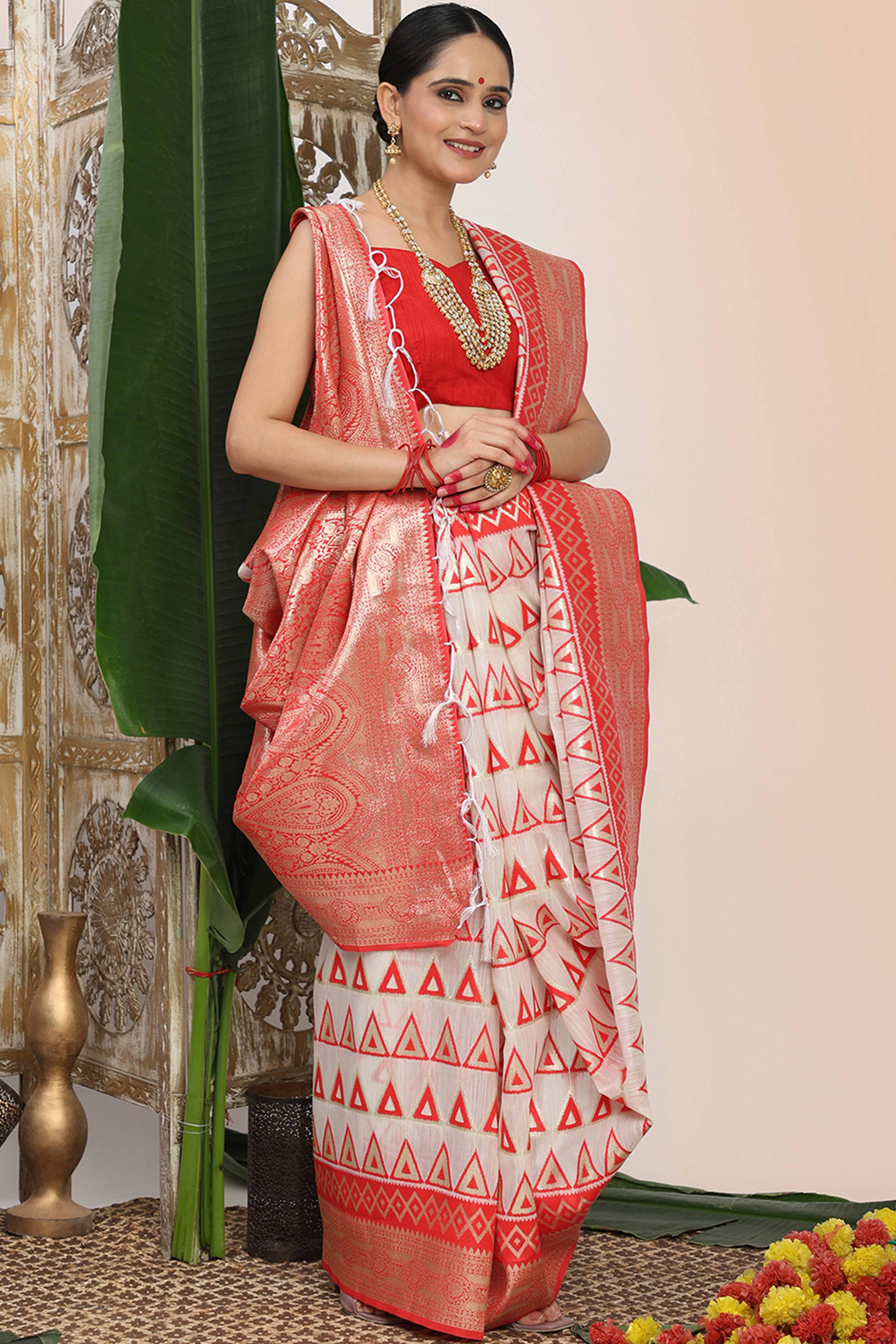 Traditional White & Red Linen Cotton Saree With Intricate Zari Weaving Work And Tassel Pallu