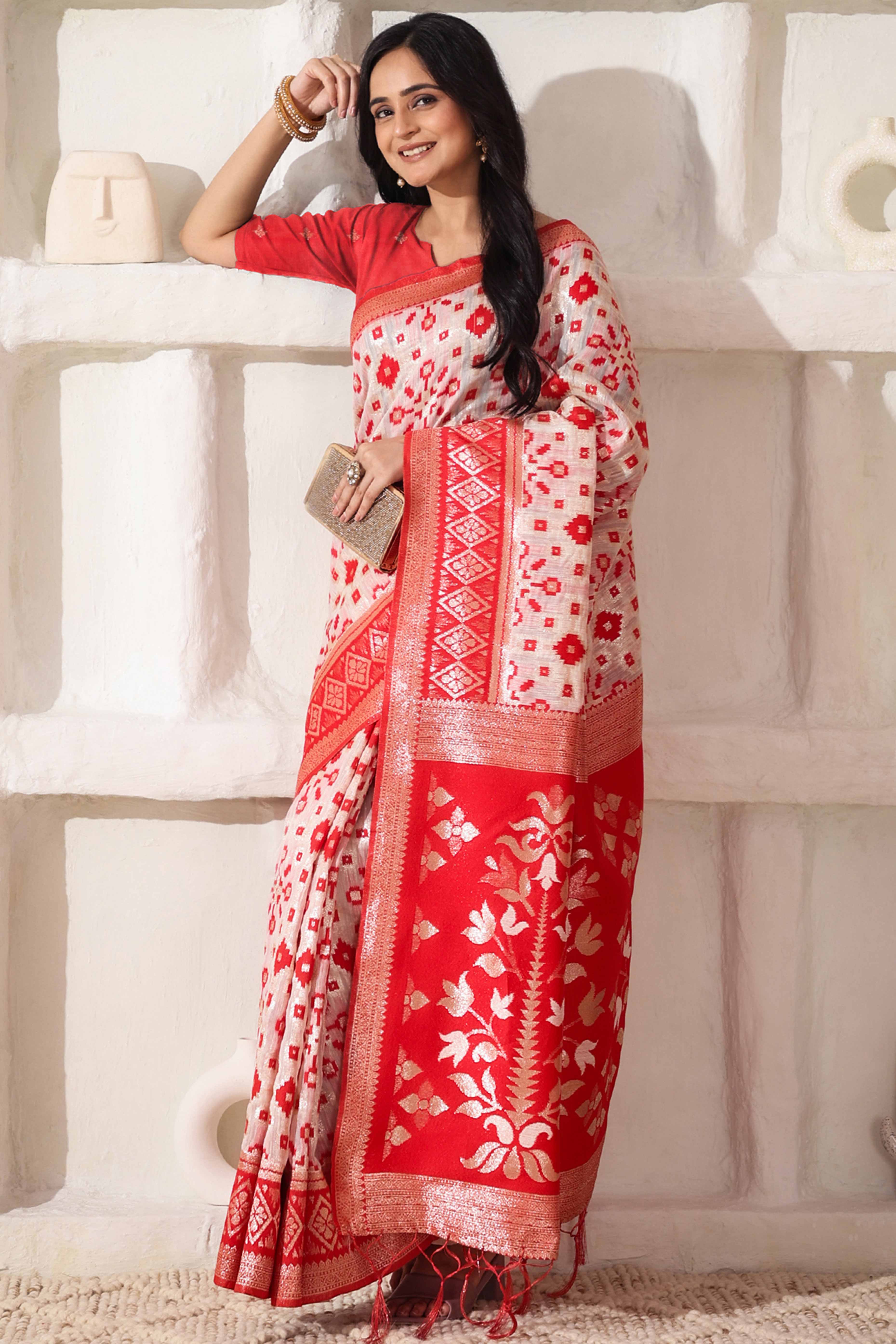 Elegant White & Red Zari Woven Linen Cotton Saree With Graceful Tassel Detailing