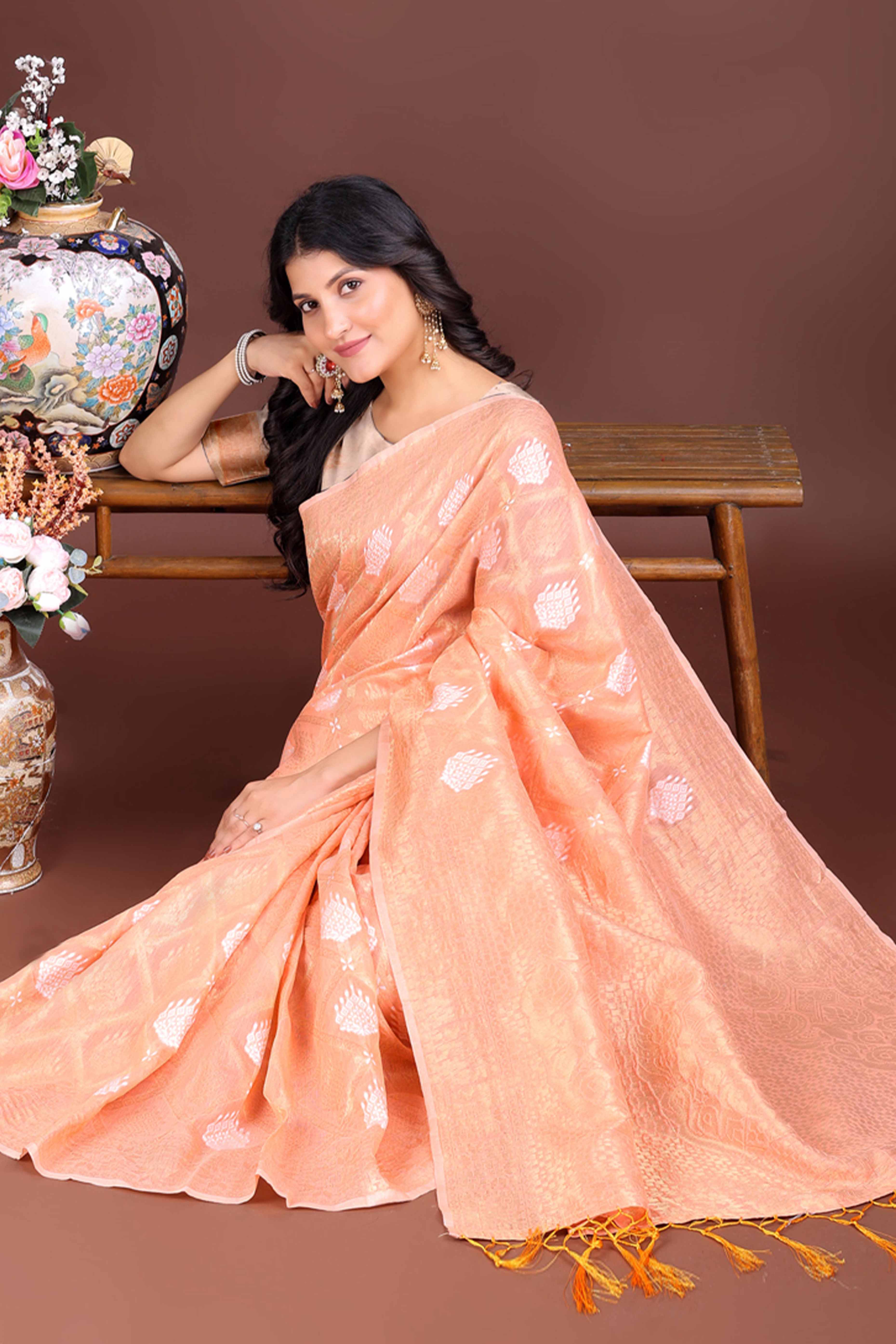 Orange Zari Woven Linen Cotton Saree with Graceful Tassels