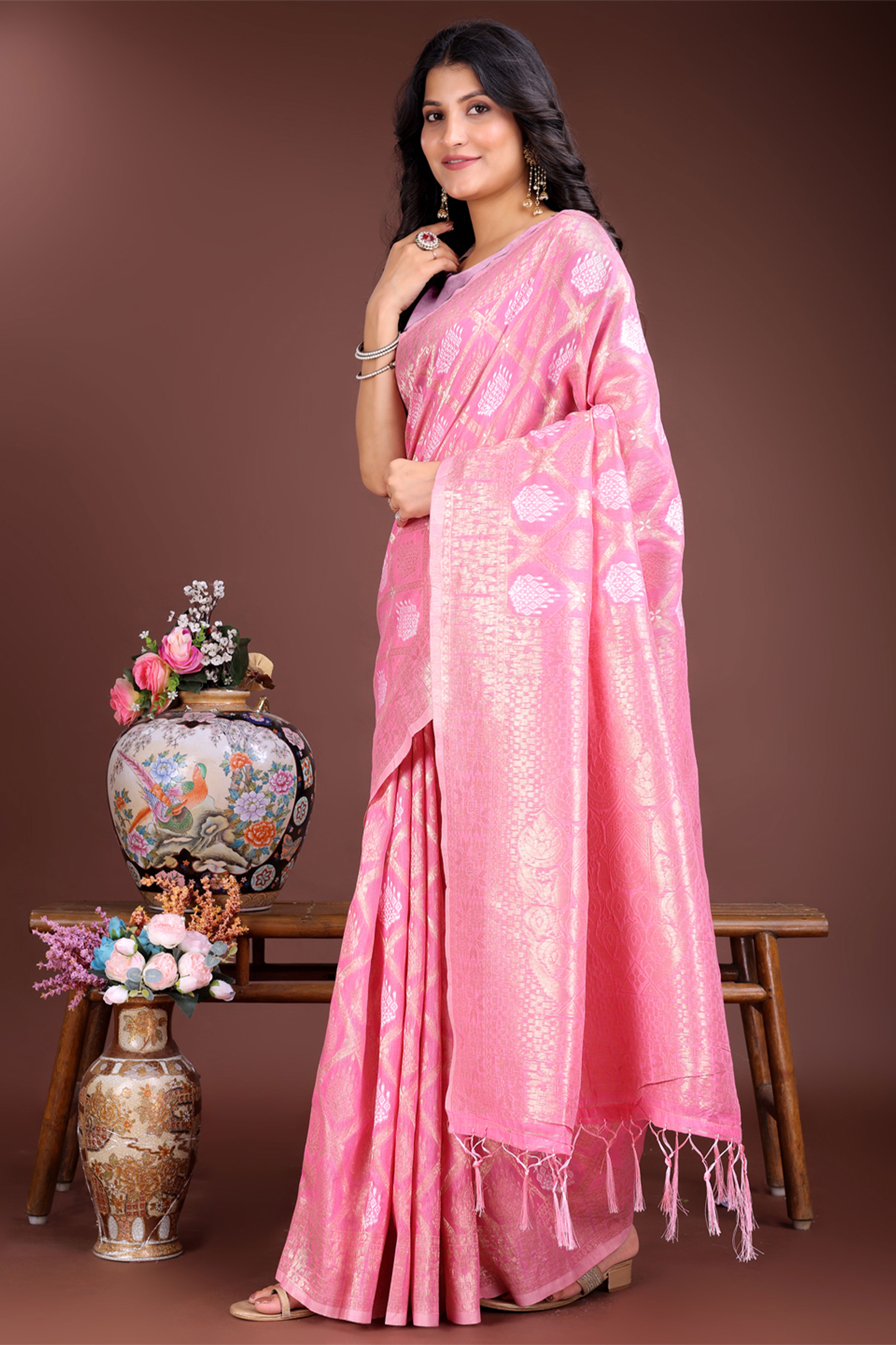 Pink Zari Woven Linen Cotton Saree with Graceful Tassels