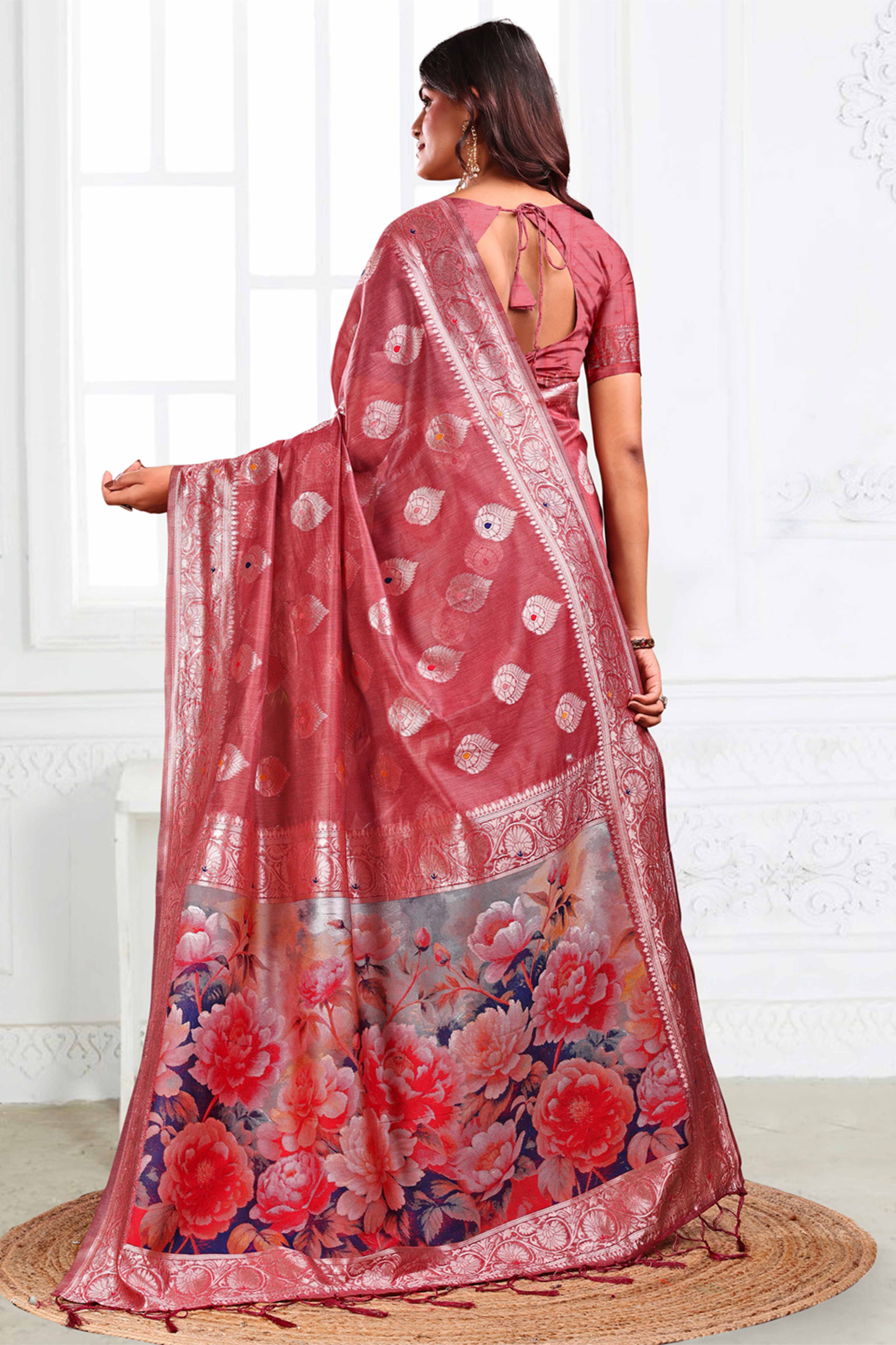 Deep Rose Pink Linen Cotton Silk Saree Adorned With Intricate Floral Zari Weaving & Tassel Pallu