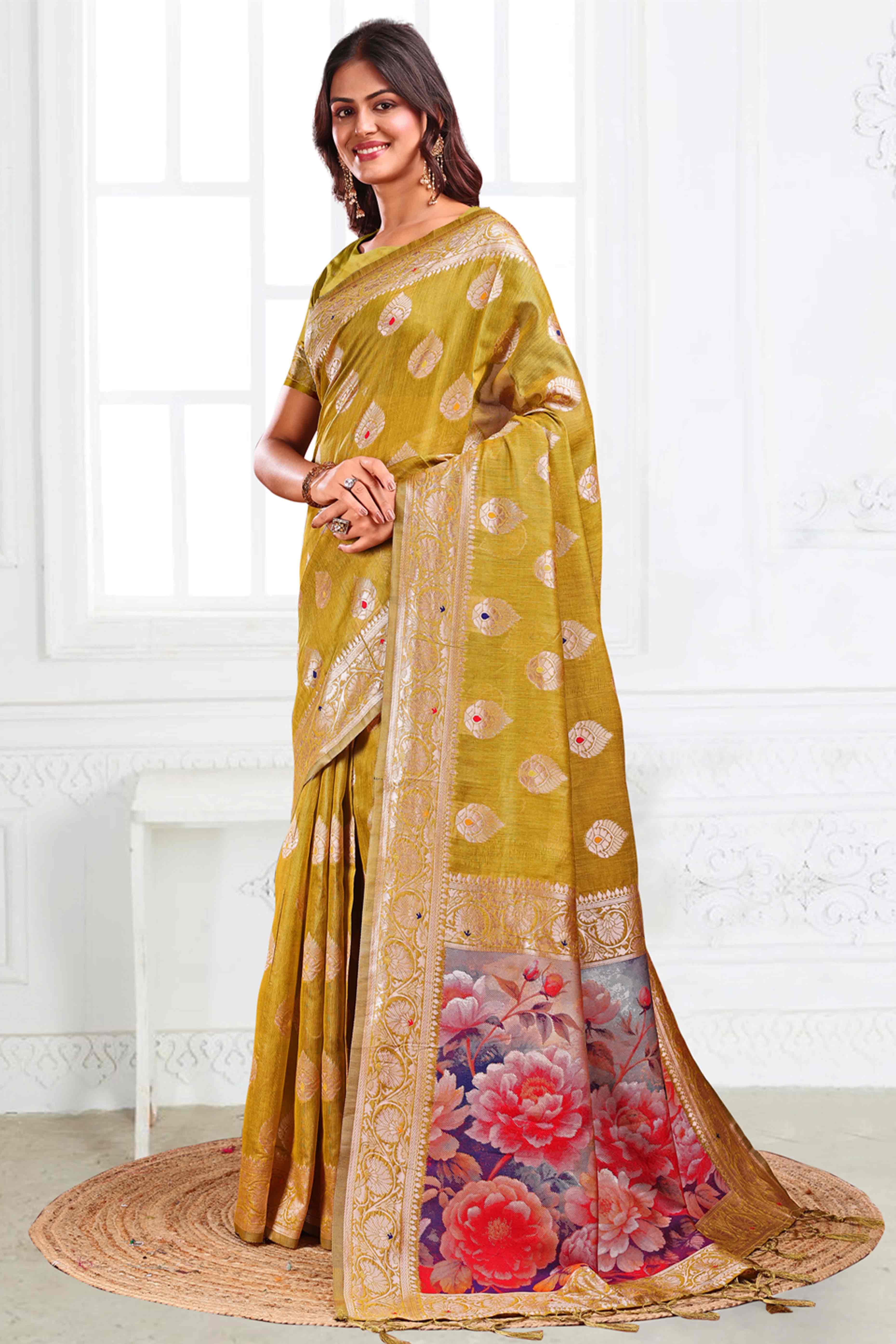Mehendi Green Linen Cotton Silk Saree Adorned With Intricate Floral Zari Weaving & Tassel Pallu