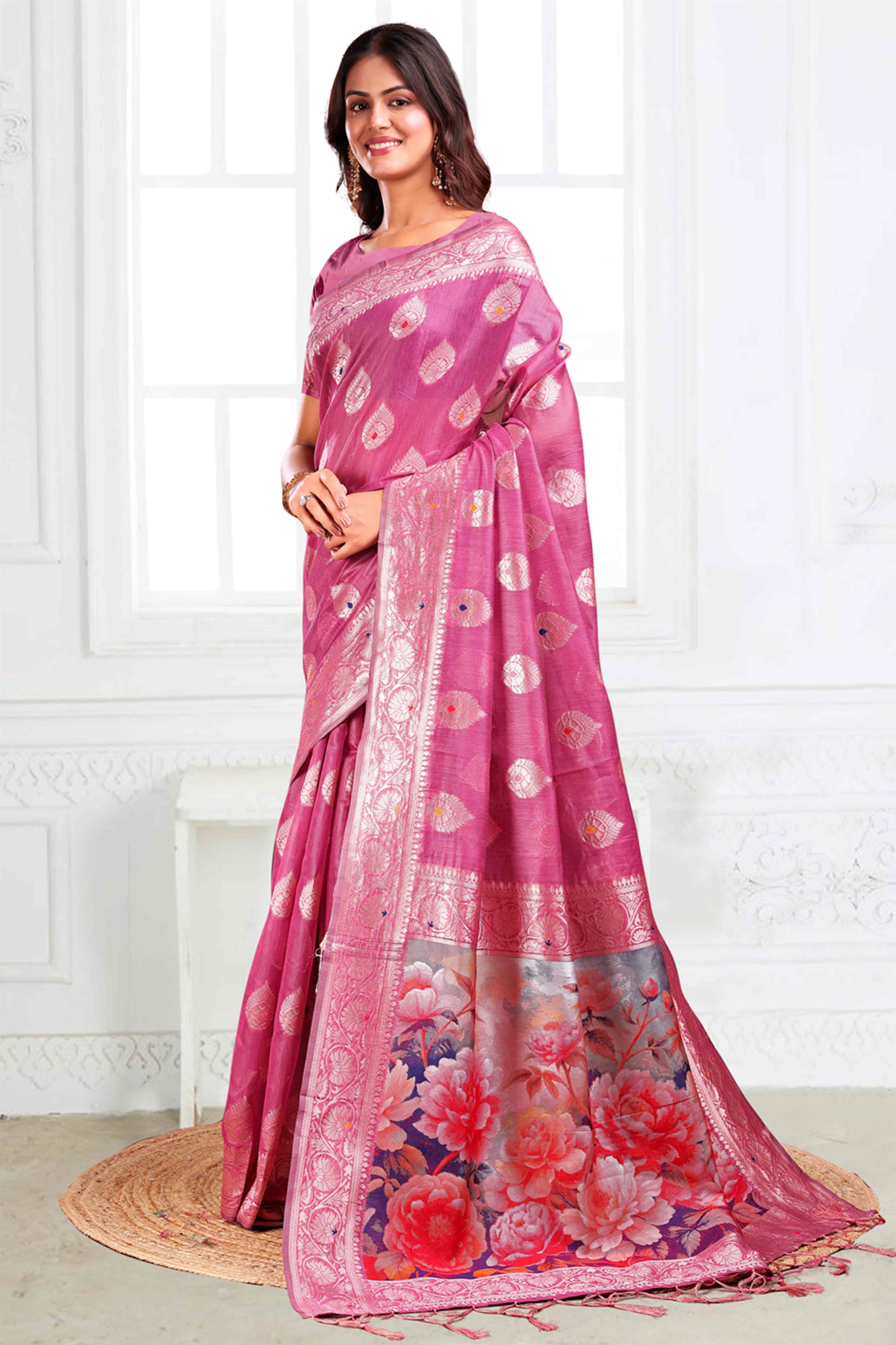 Pink Linen Cotton Silk Saree Adorned With Intricate Floral Zari Weaving & Tassel Pallu