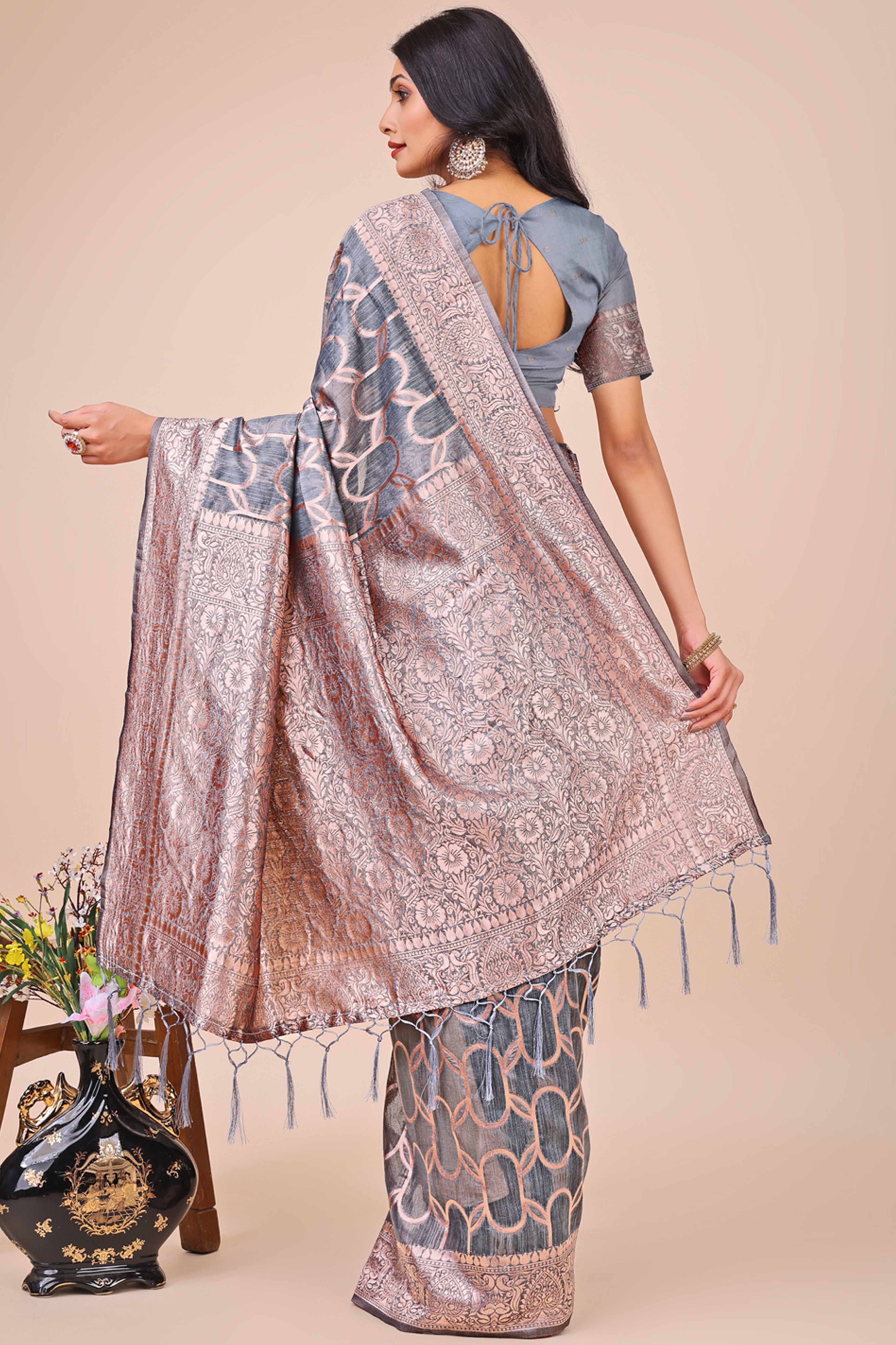 Grey Linen Cotton Saree With Floral Zari Weaving & Delicate Tassel Border