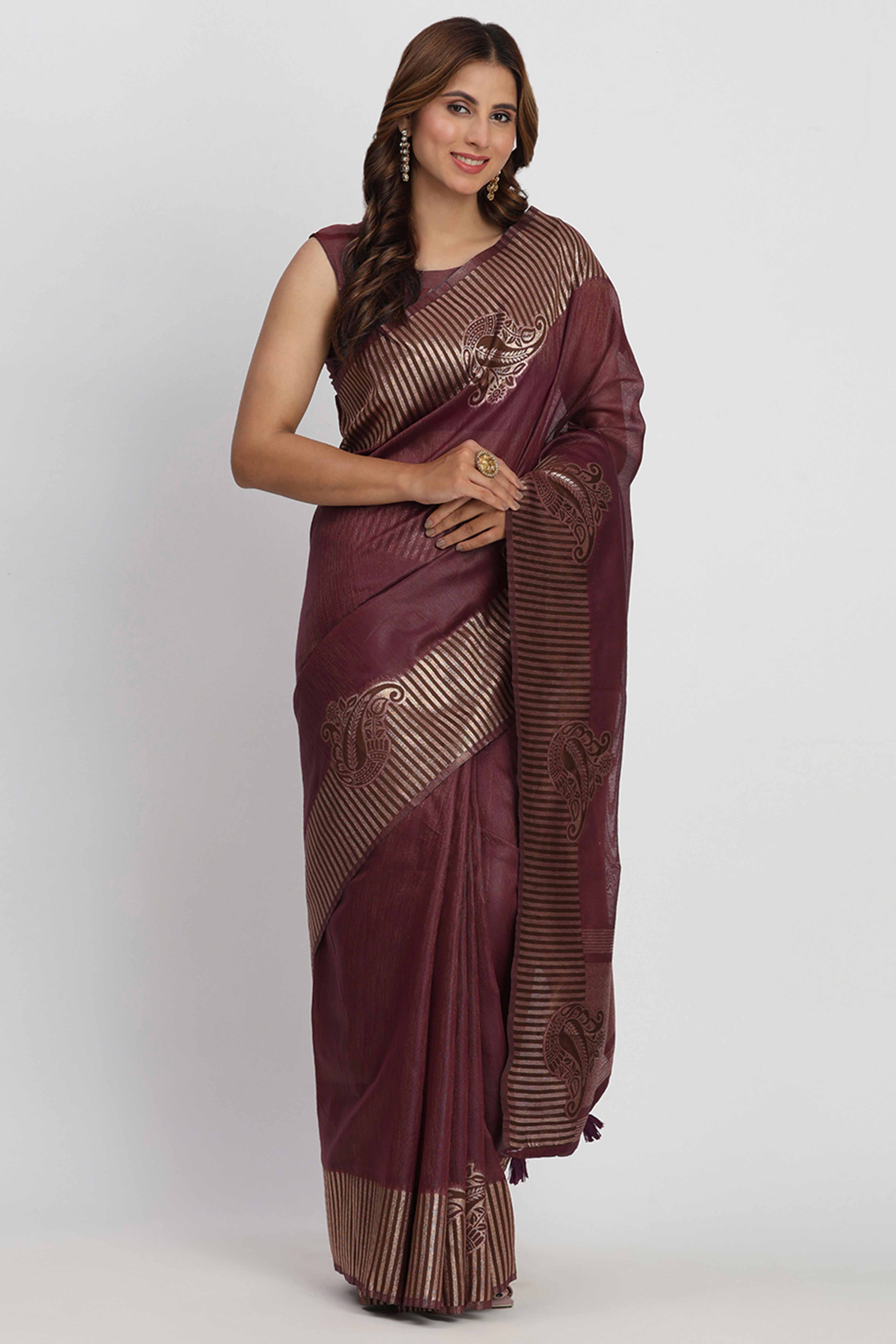 Linen Cotton Saree in Wine Hue Featuring Rich Zari Weaving