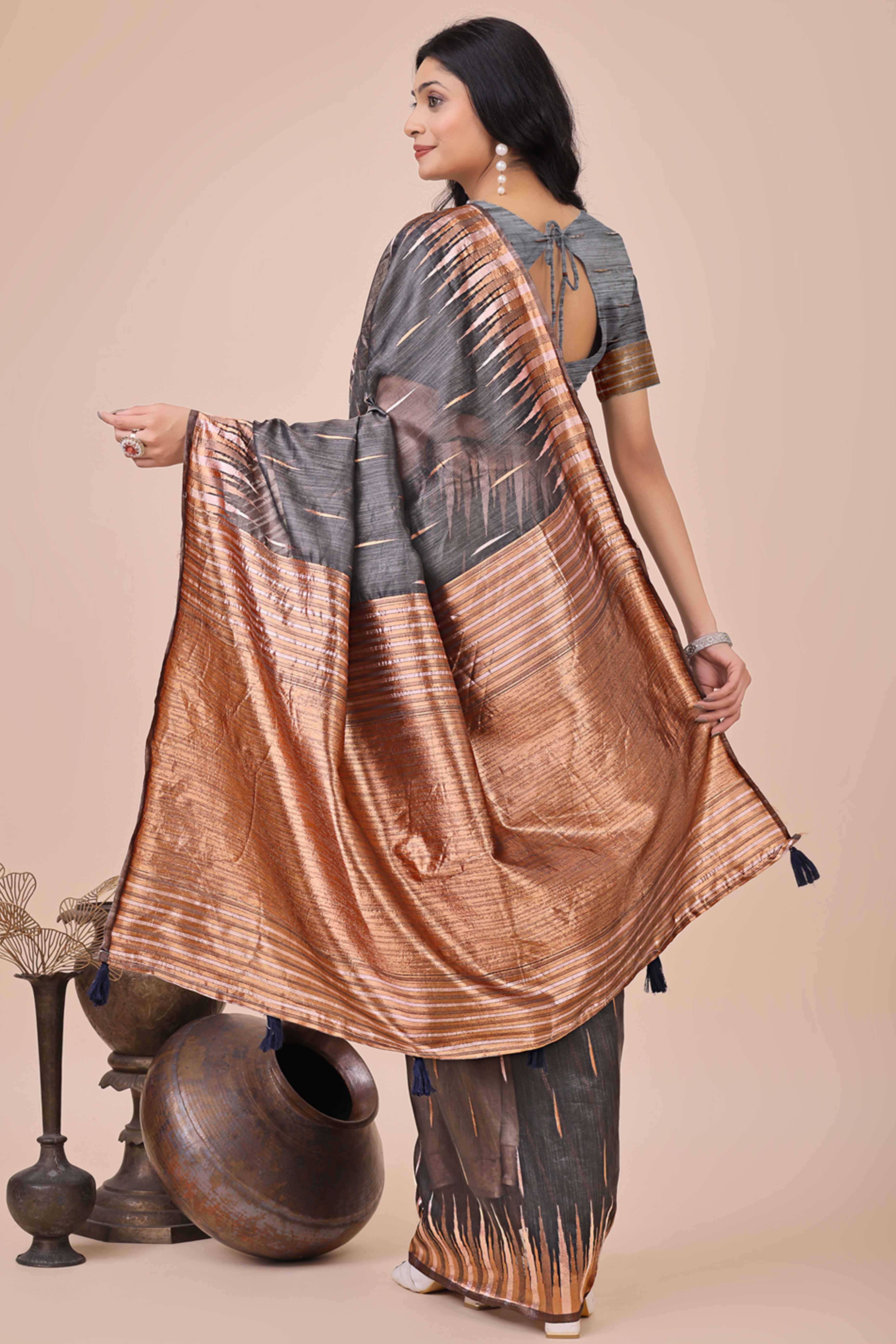 Dark Grey Saree In Linen Cotton With Exquisite Zari Weaving & Subtle Tassel Border