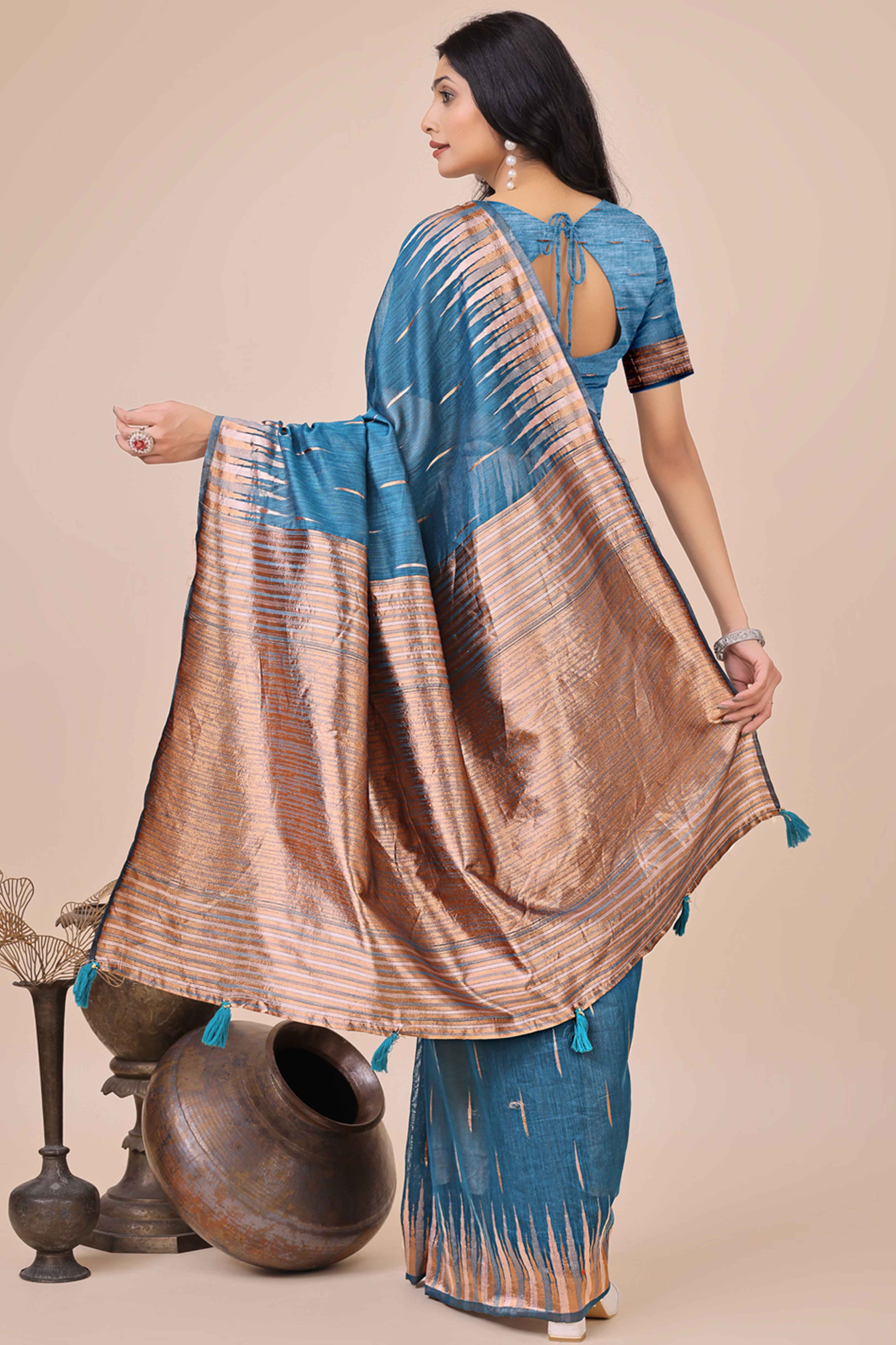 Blue Saree In Linen Cotton With Exquisite Zari Weaving & Subtle Tassel Border