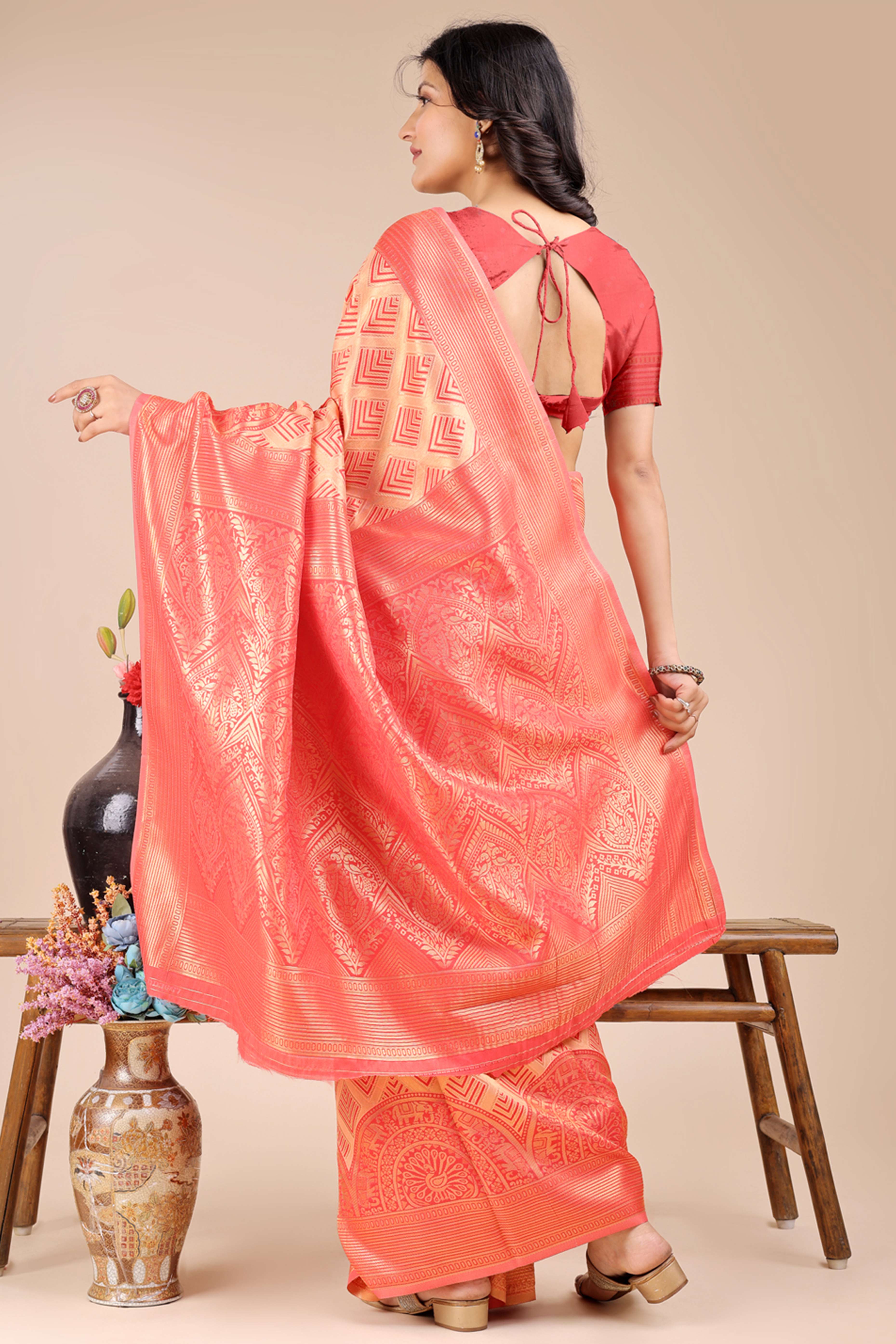 Peach Zari Woven Banarasi Silk Saree with Luxurious Detailing
