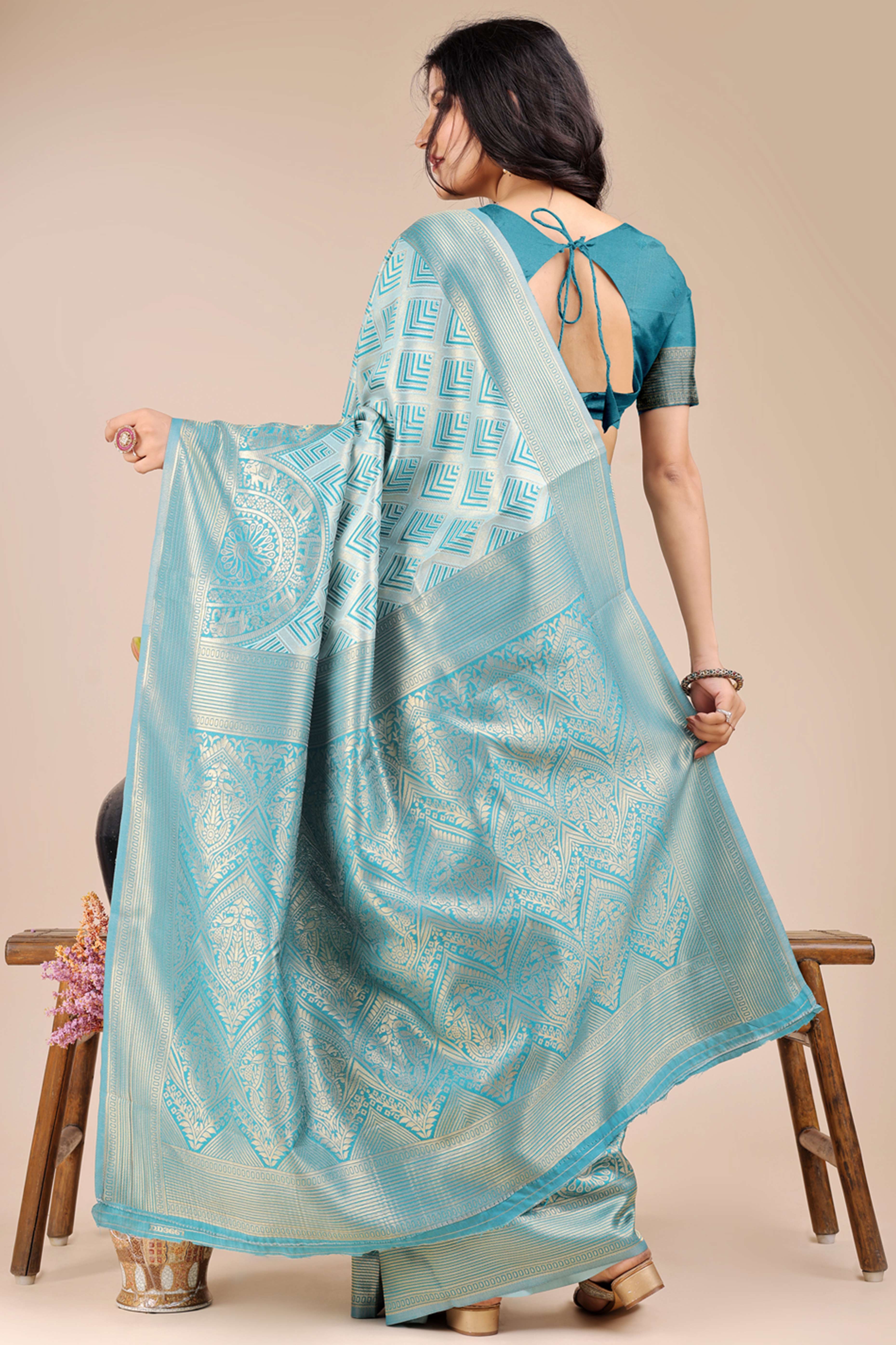 Aqua Blue Zari Woven Banarasi Silk Saree with Luxurious Detailing