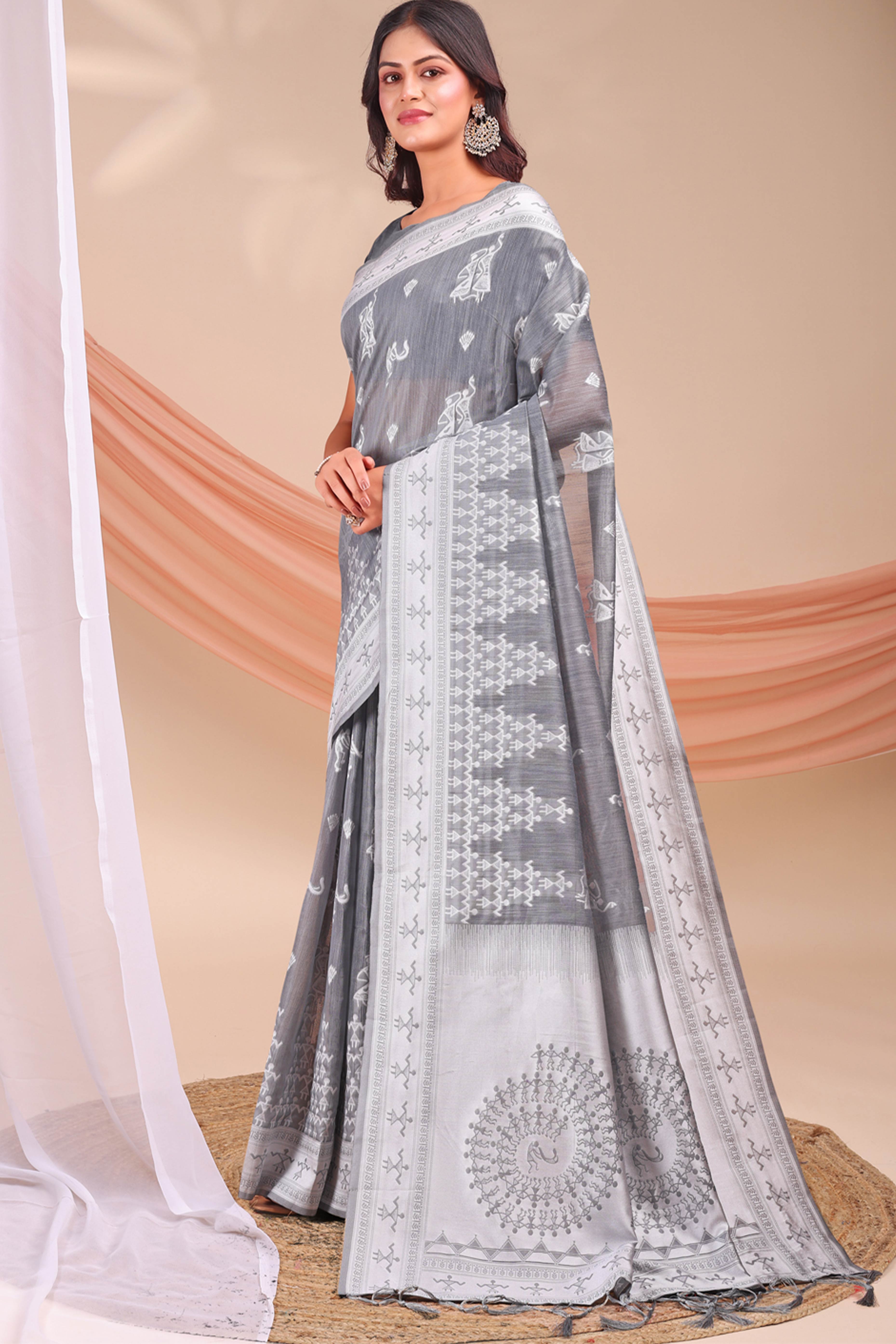 Grey Ethnic Saree in Soft Linen Cotton Fabric Featuring Warli Art Weaving