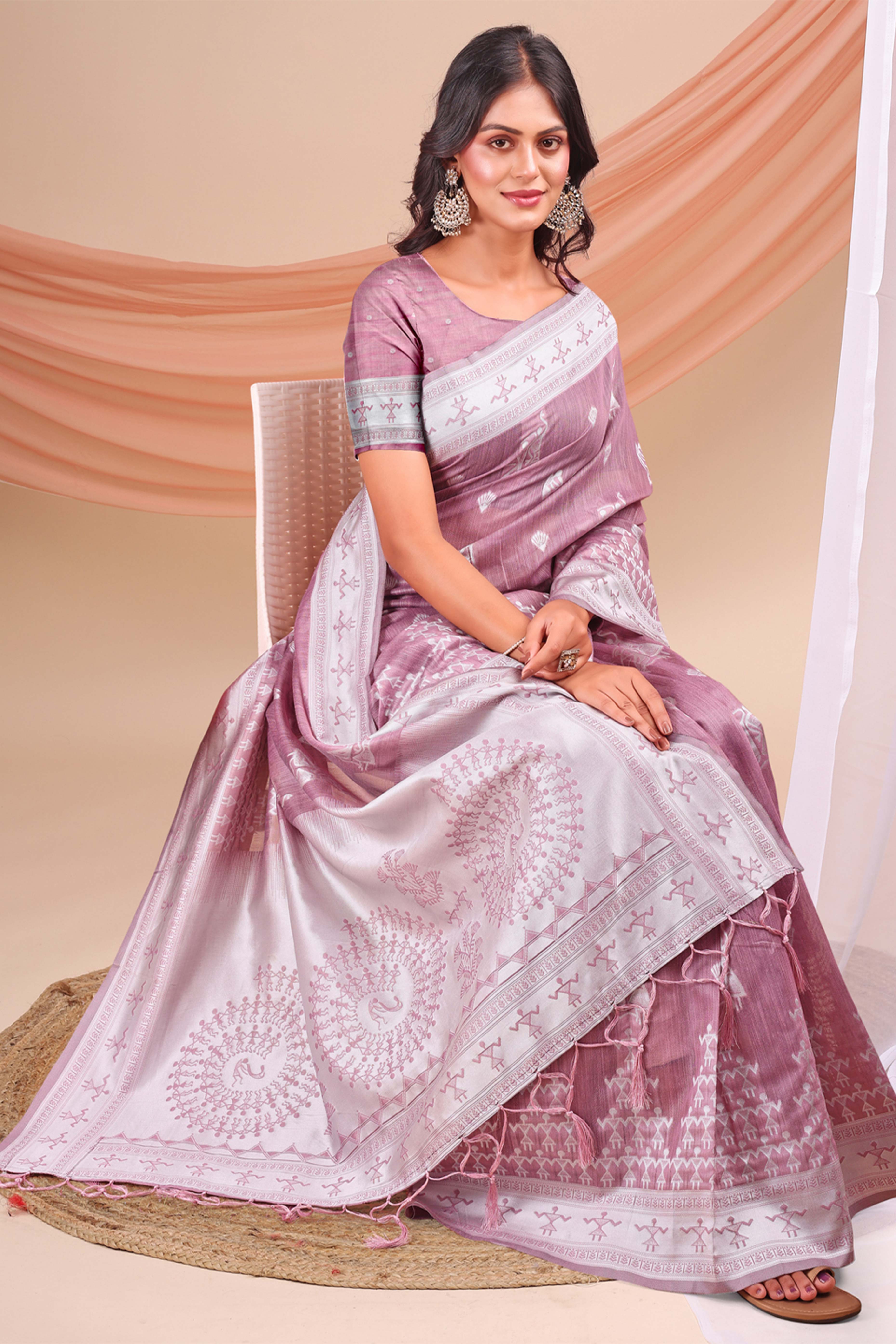 Mauve Ethnic Saree in Soft Linen Cotton Fabric Featuring Warli Art Weaving