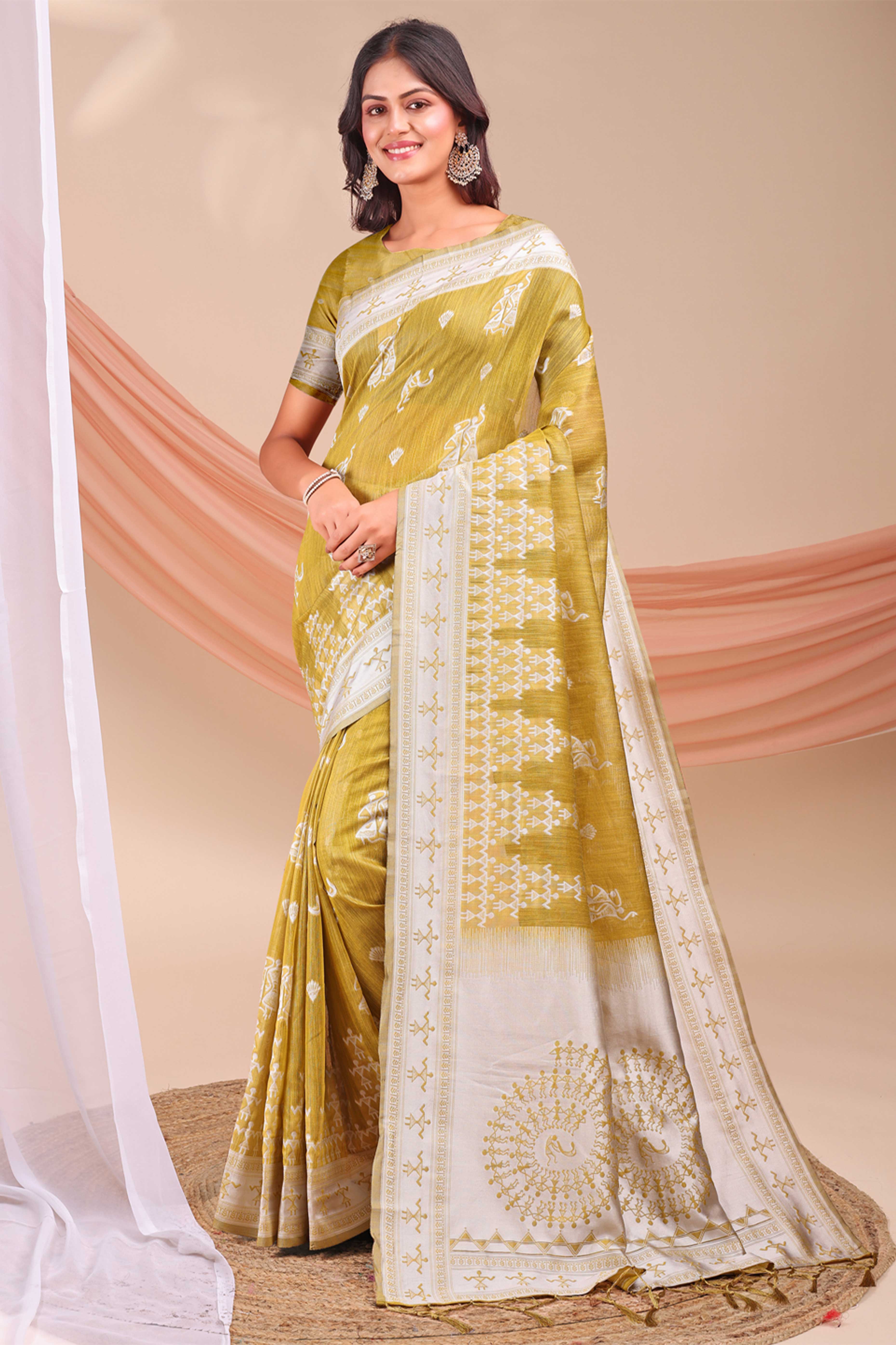 Olive Ethnic Saree in Soft Linen Cotton Fabric Featuring Warli Art Weaving