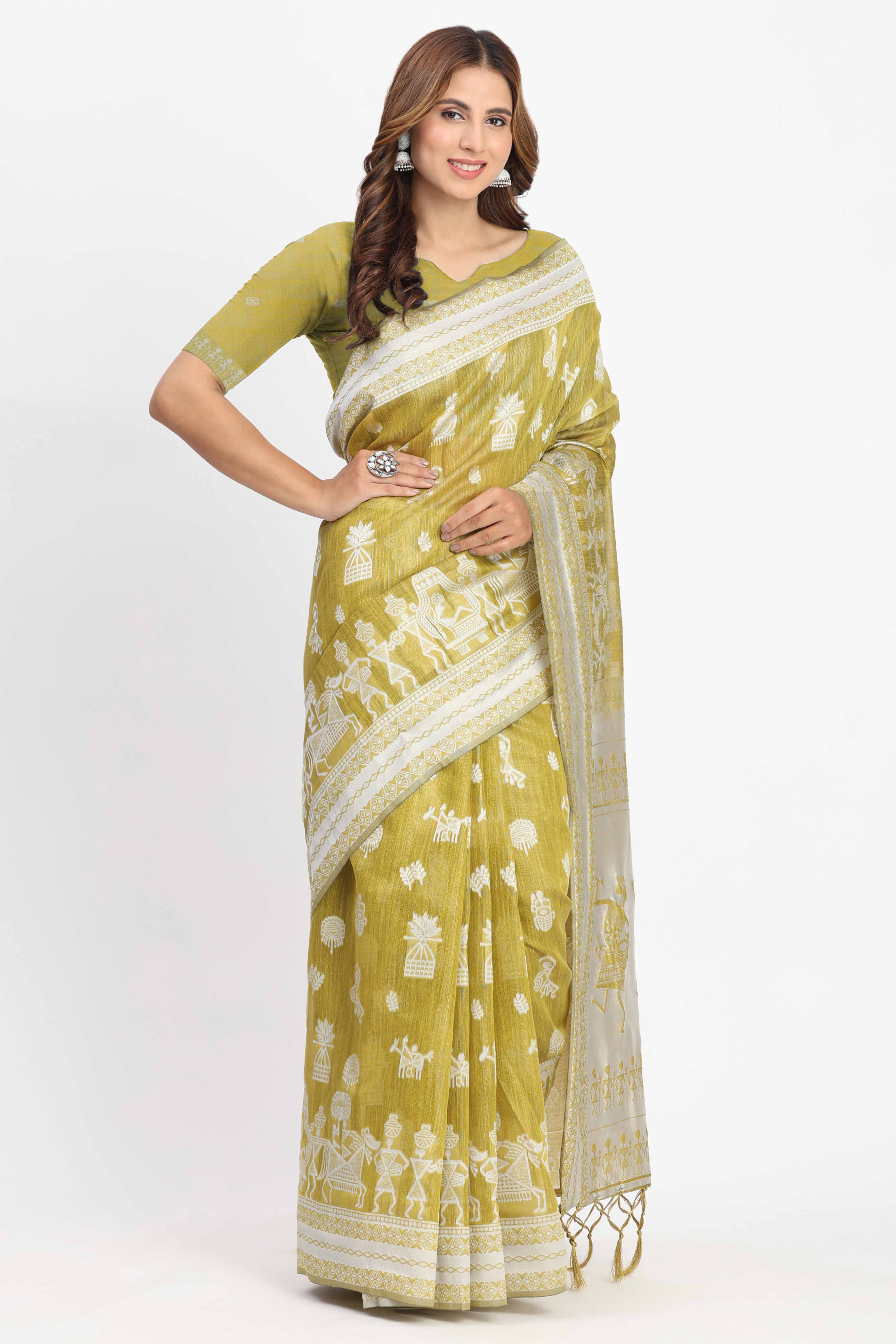Green Linen Cotton Saree Showcasing Traditional Warli Motifs In Zari Weaving With Tassel Pallu