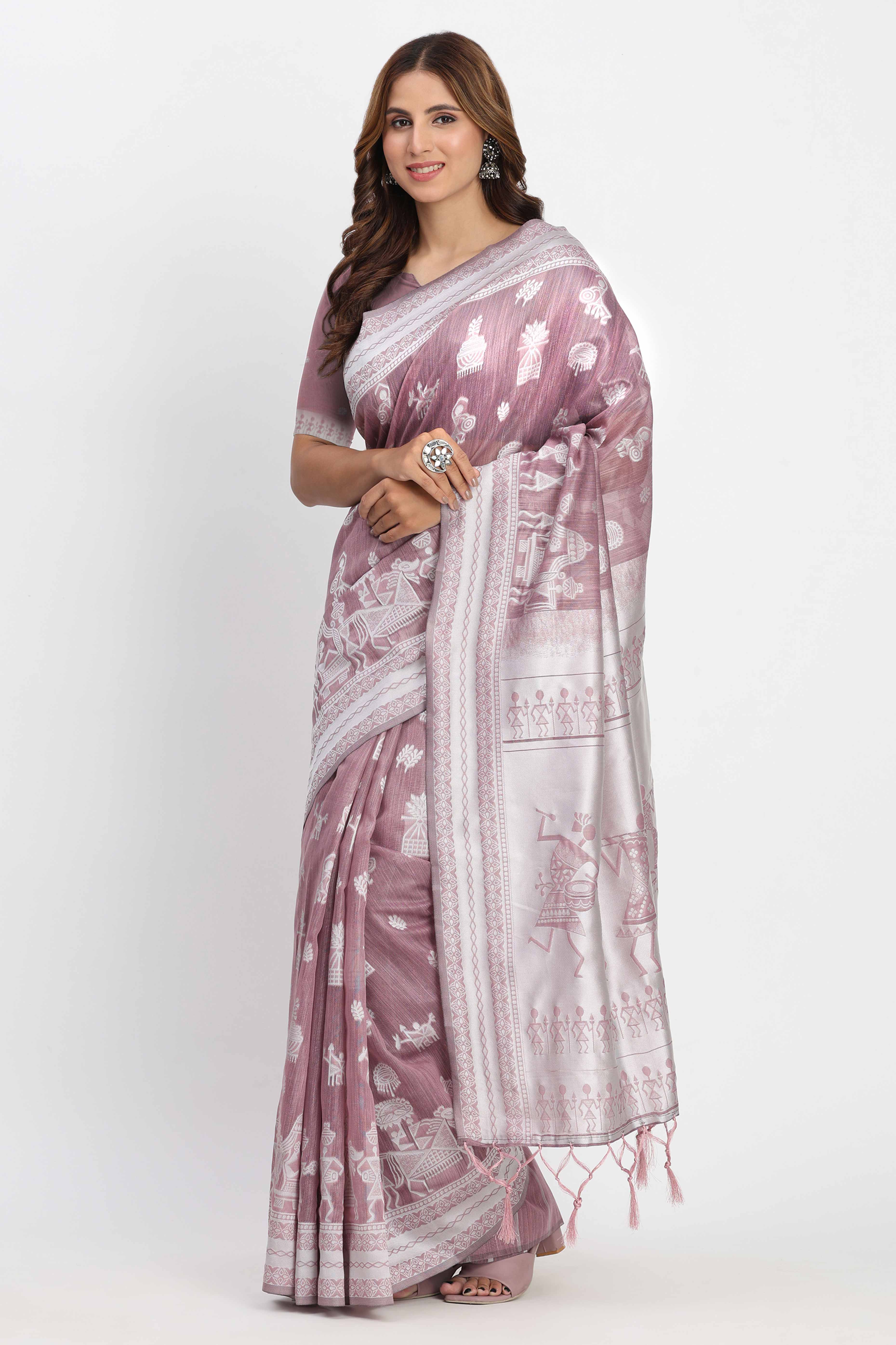 Mauve Linen Cotton Saree Showcasing Traditional Warli Motifs In Zari Weaving With Tassel Pallu