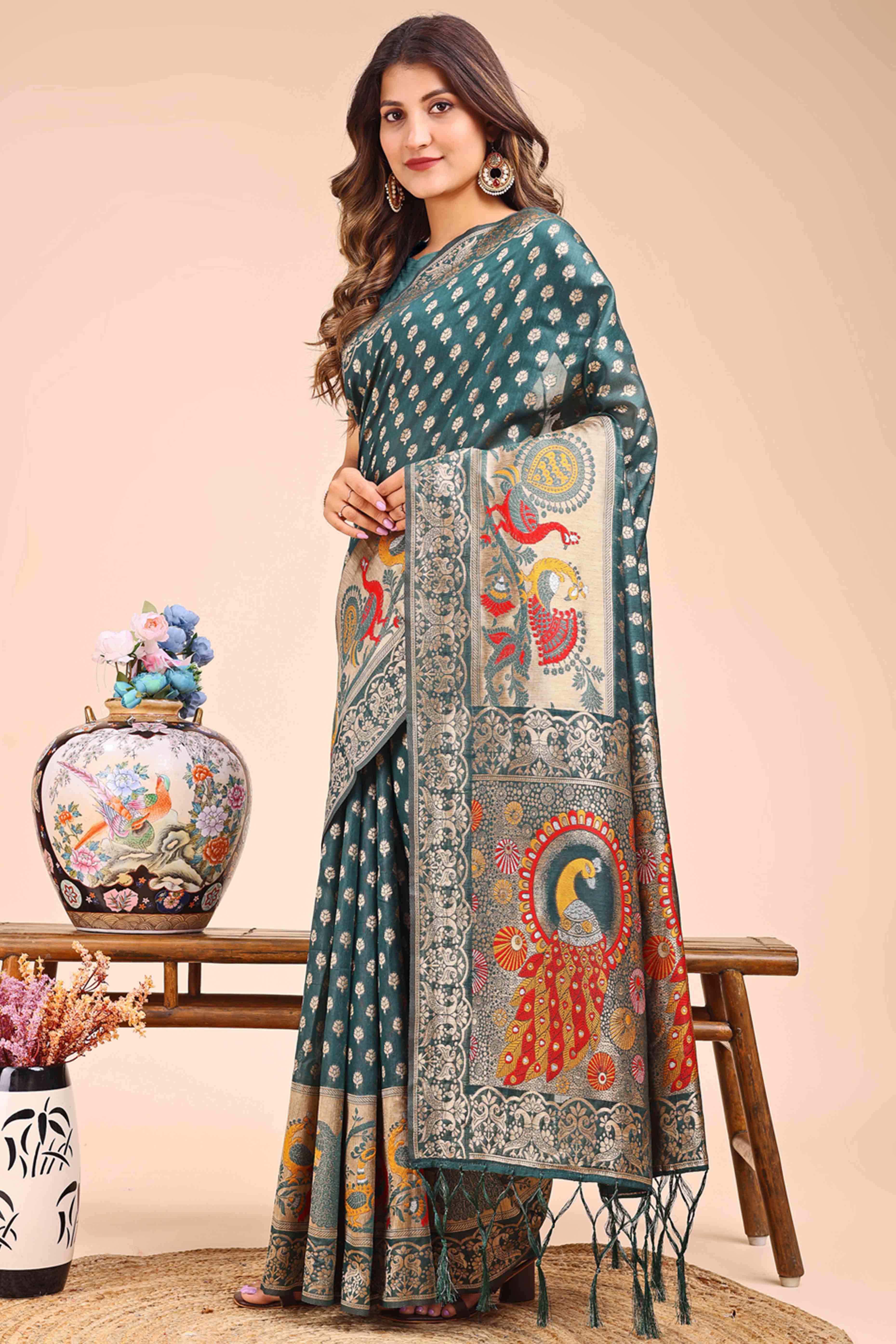 Green Floral Zari Weaving Embellished Linen Cotton Saree With Tassel Accents