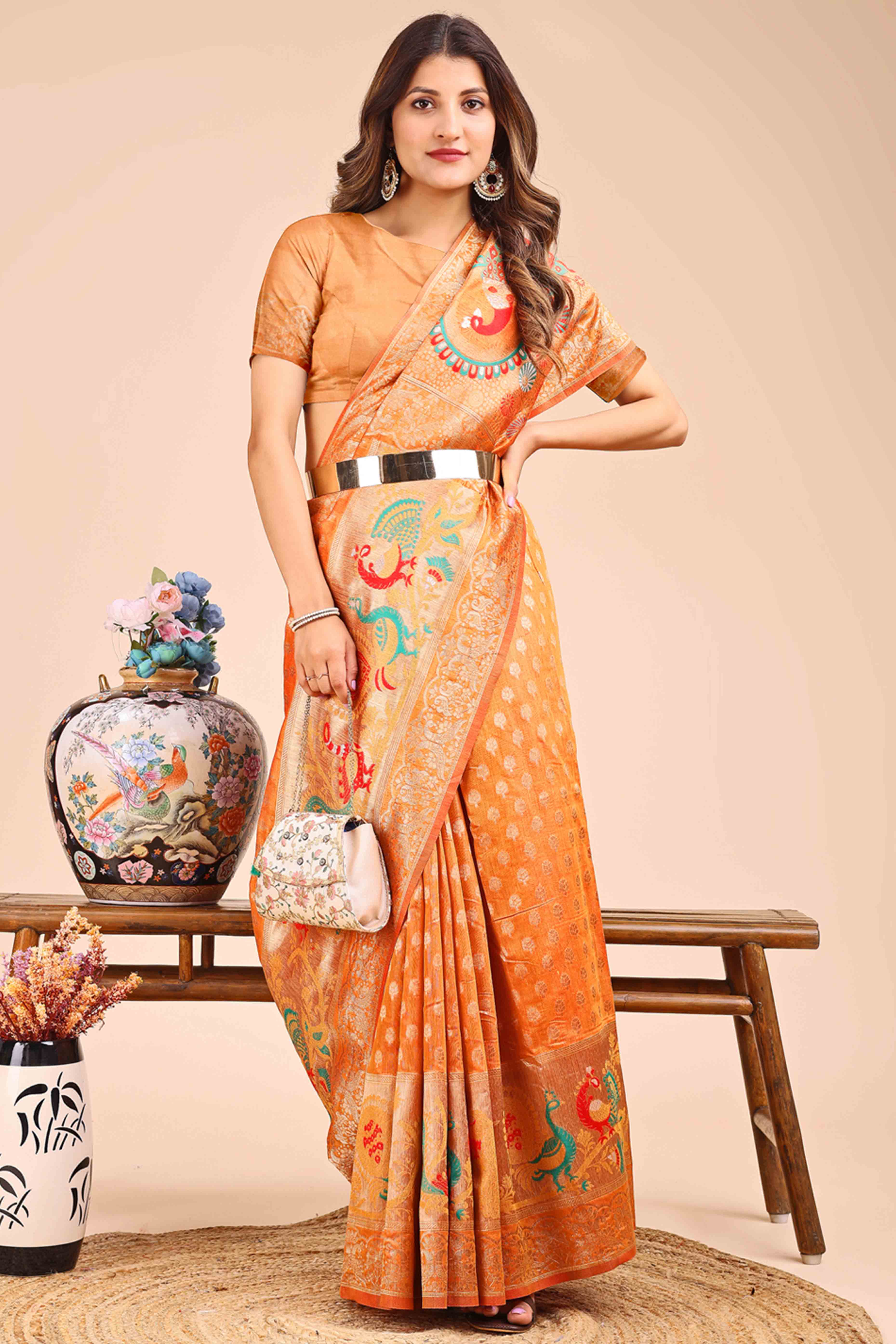 Orange Floral Zari Weaving Embellished Linen Cotton Saree With Tassel Accents