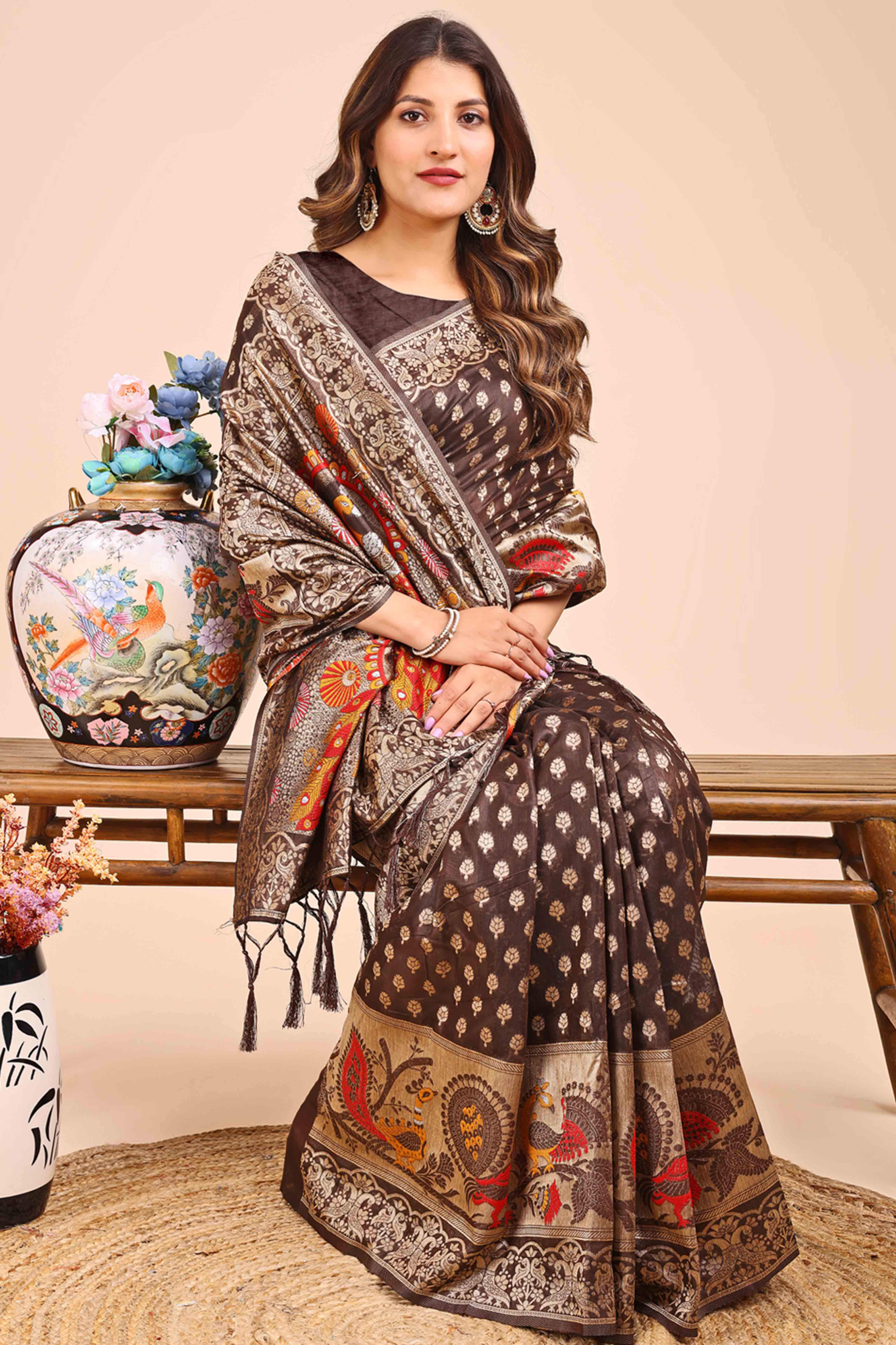 Brown Floral Zari Weaving Embellished Linen Cotton Saree With Tassel Accents