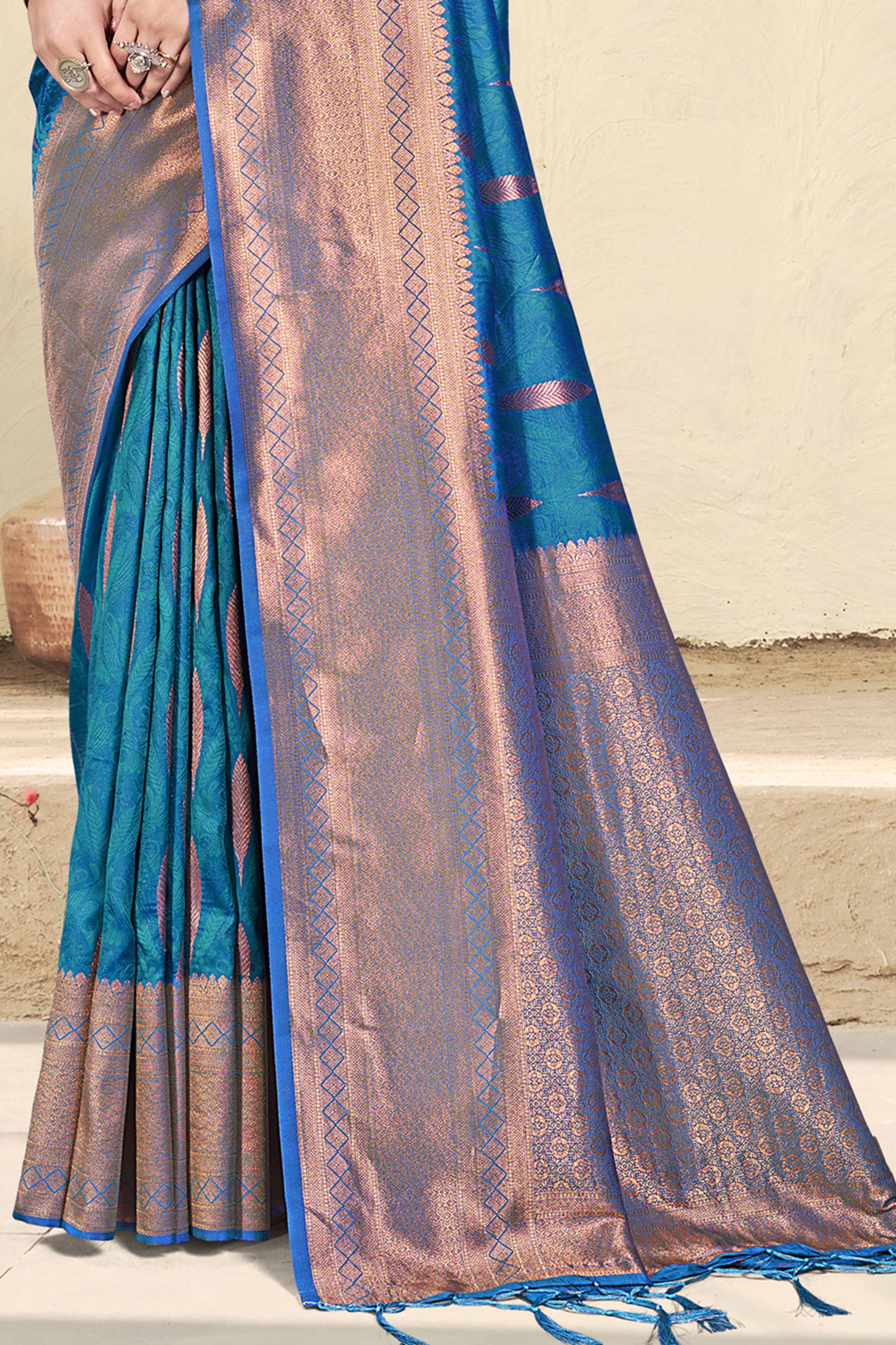 Timeless Blue Floral Zari Woven Silk Blend Saree Accented With Tassel Pallu