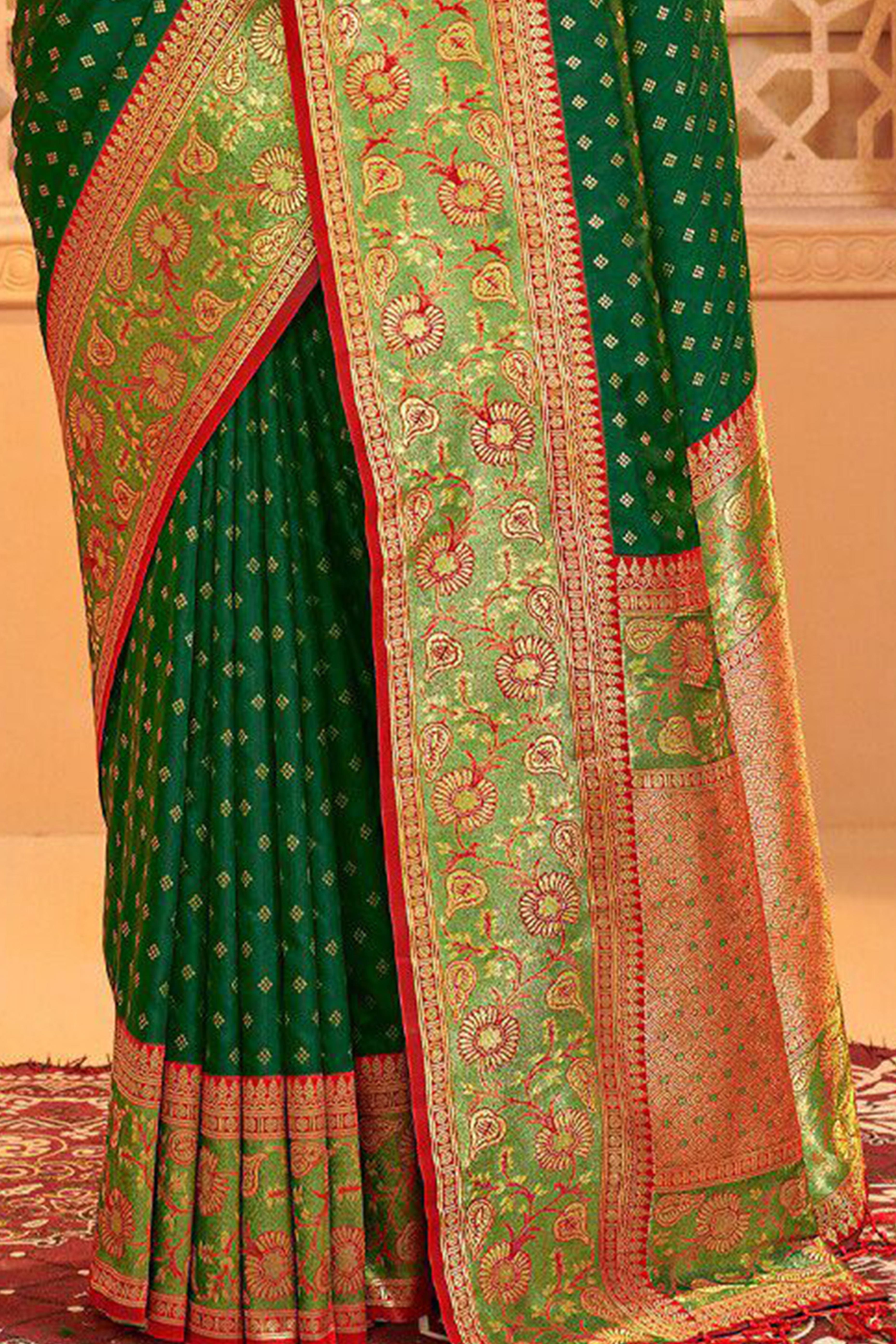 Elegant Dark Green Floral Zari Weaving Silk Blend Saree With Tassel Pallu