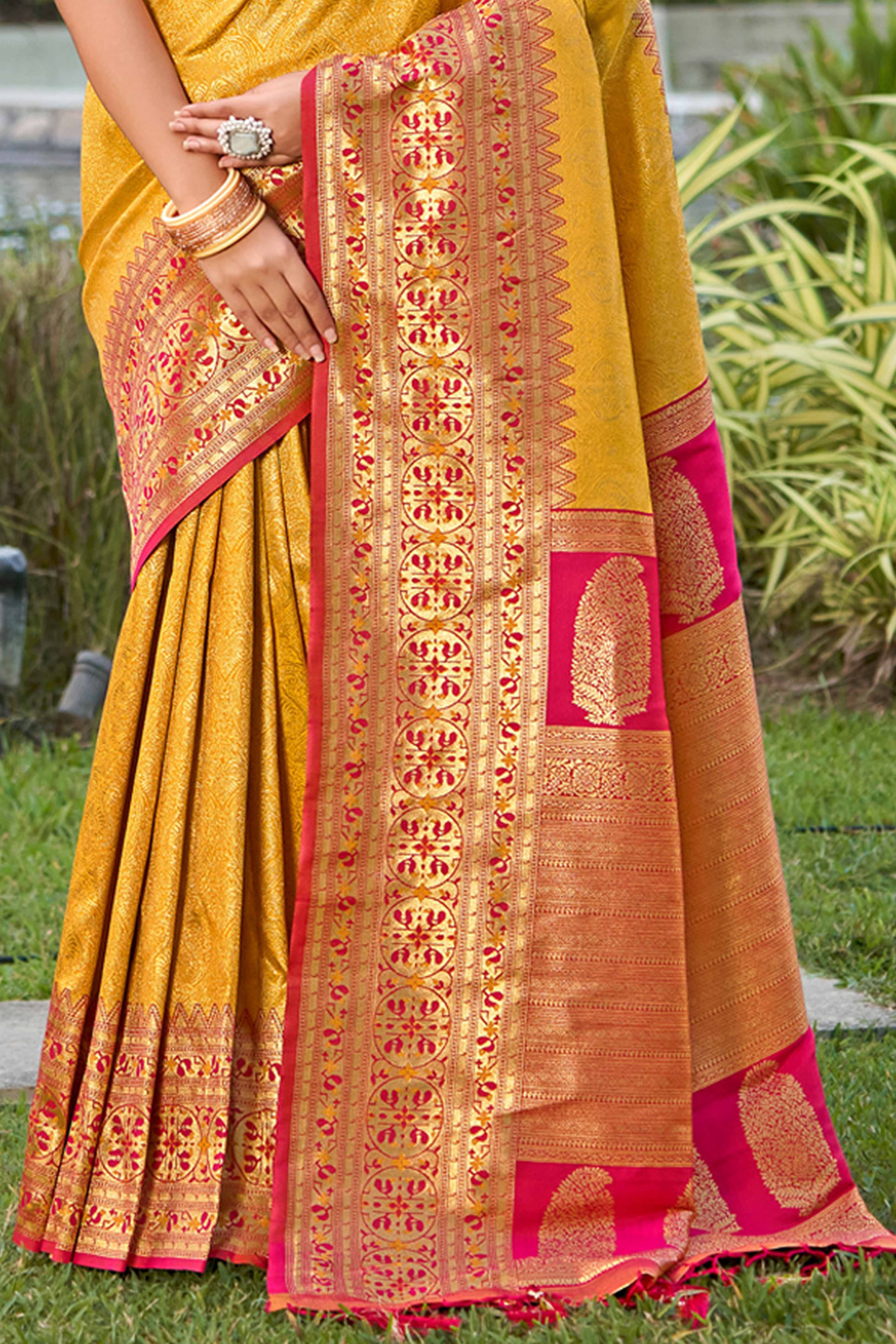 Yellow Floral Zari Woven Saree In Banarasi Silk With Delicate Tassel Accents Pallu