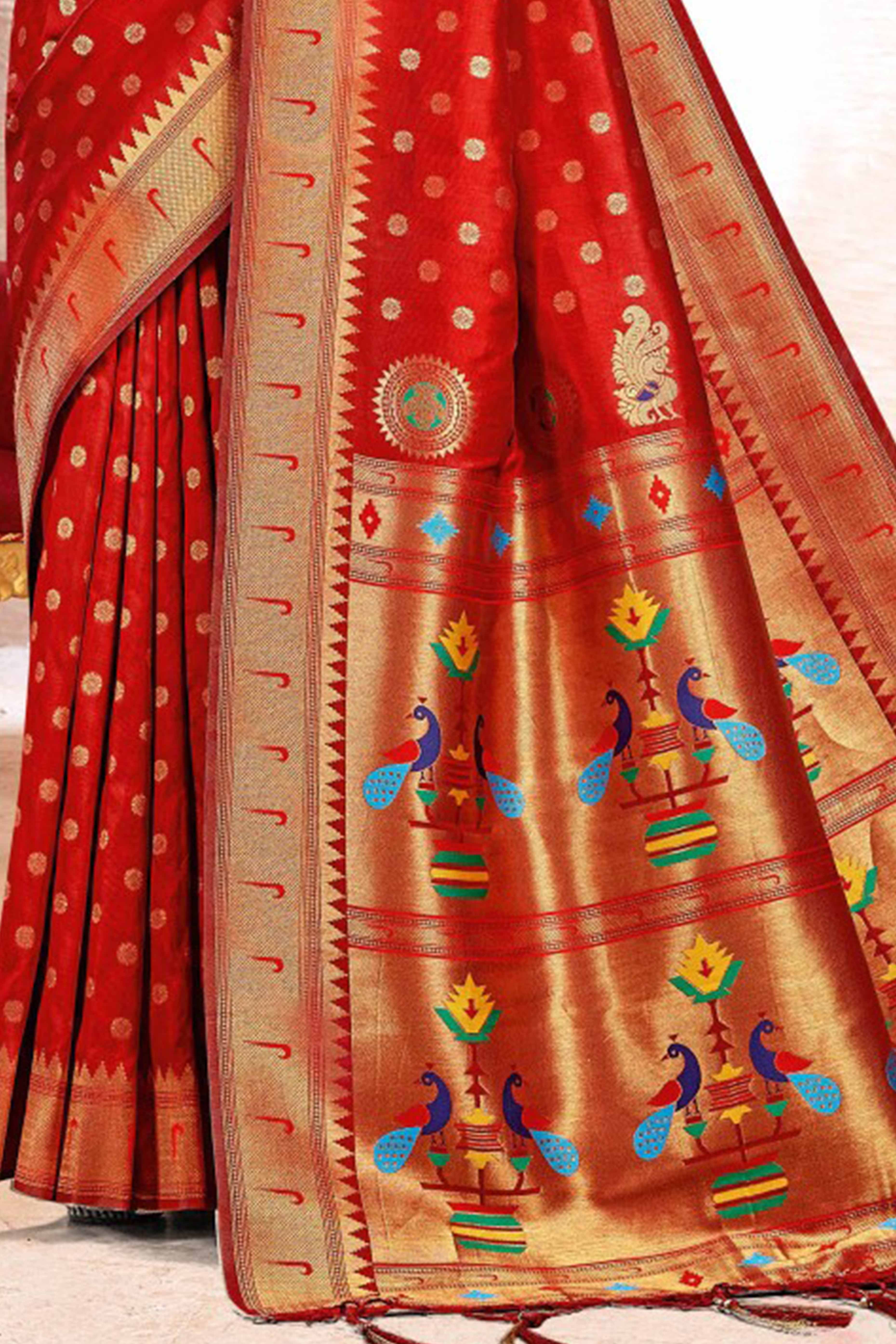 Red Floral Zari Weaving Paithani Saree In Lustrous Banarasi Silk With Tassel Pallu