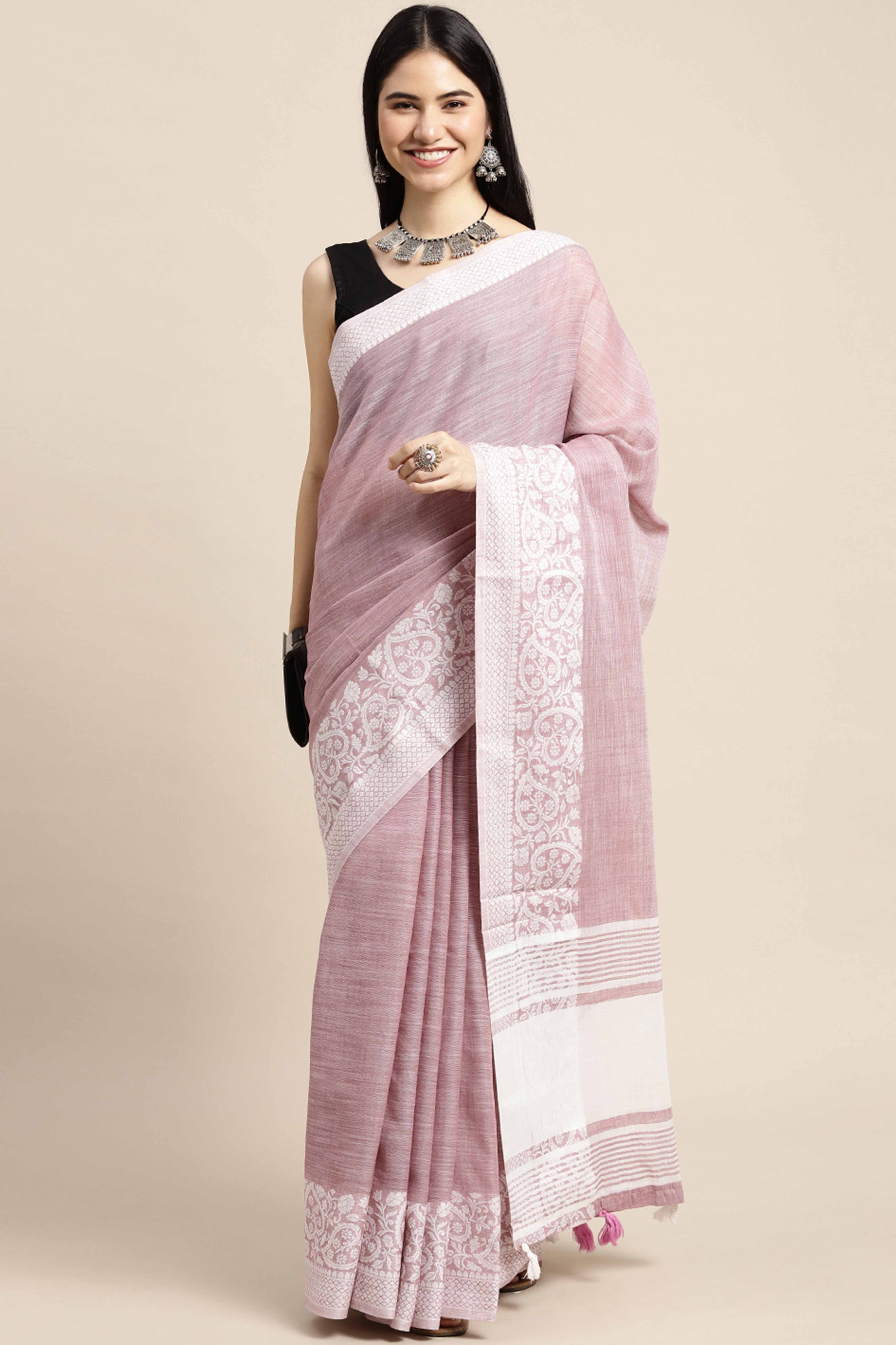 Purple Festive Linen Weaving Saree with Silver Zari Border & Pallu