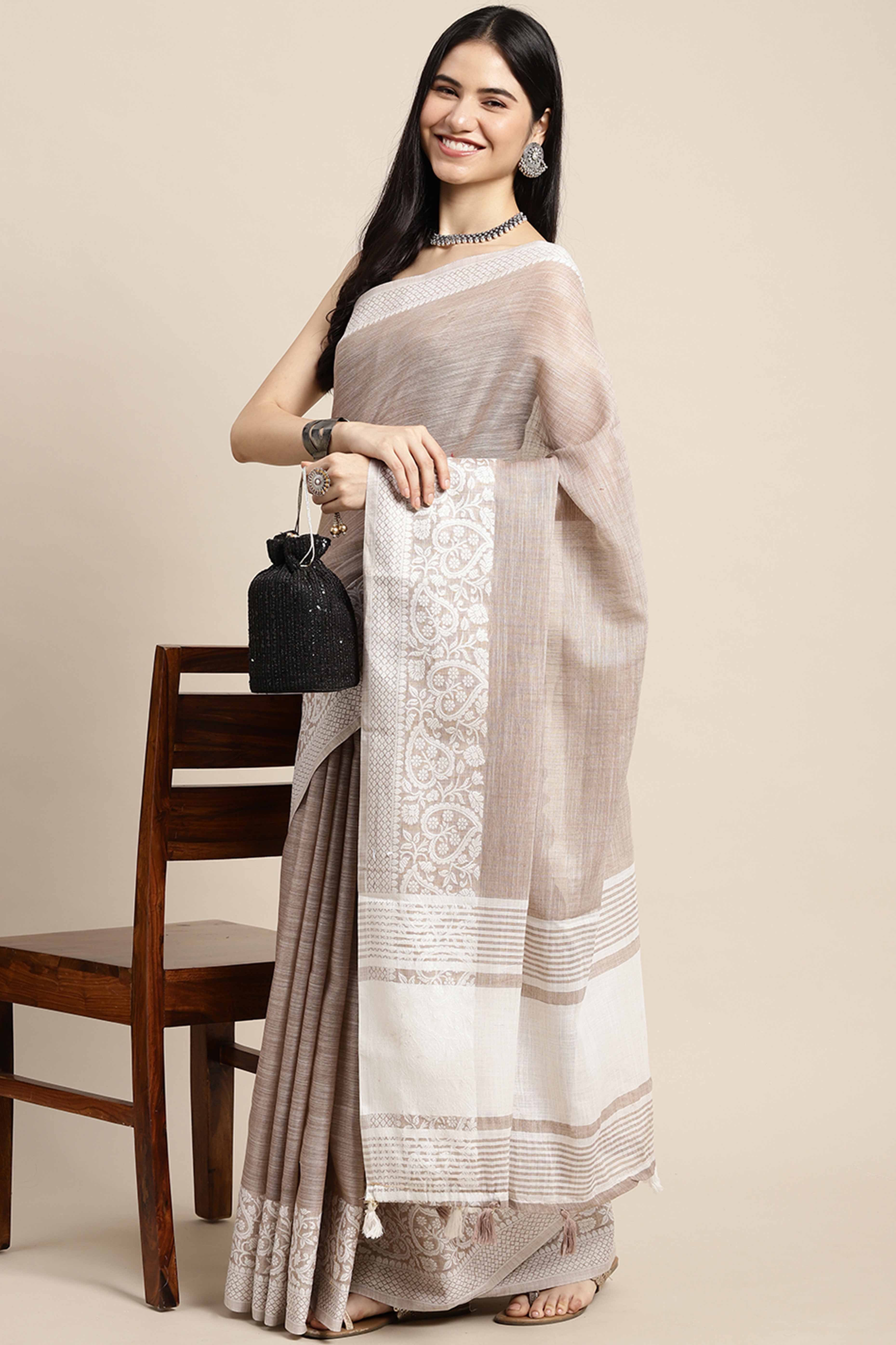 Beige Festive Linen Weaving Saree with Silver Zari Border & Pallu