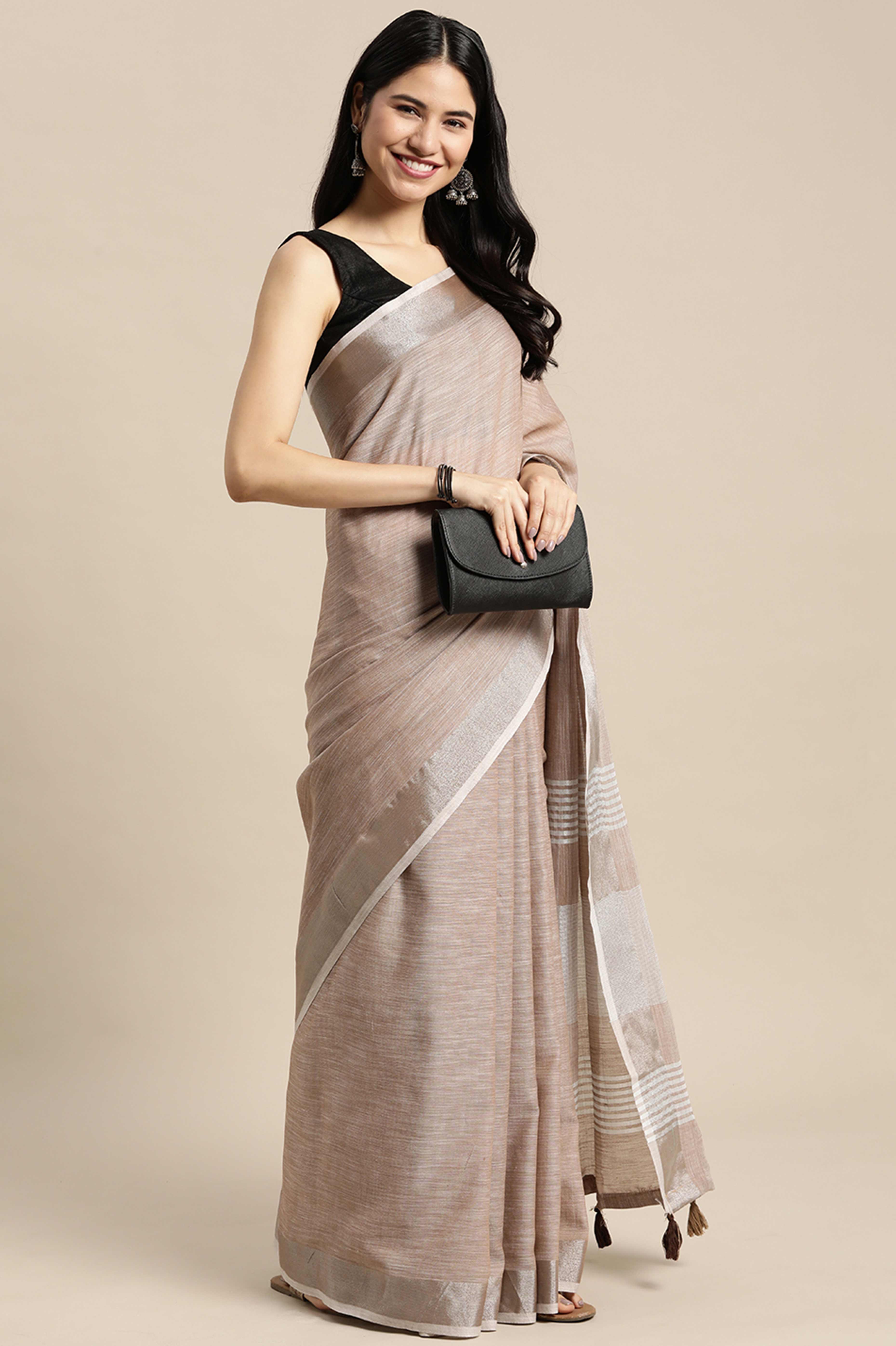 Brown Linen Saree Adorned With Silver Zari Weaving Border & Pallu