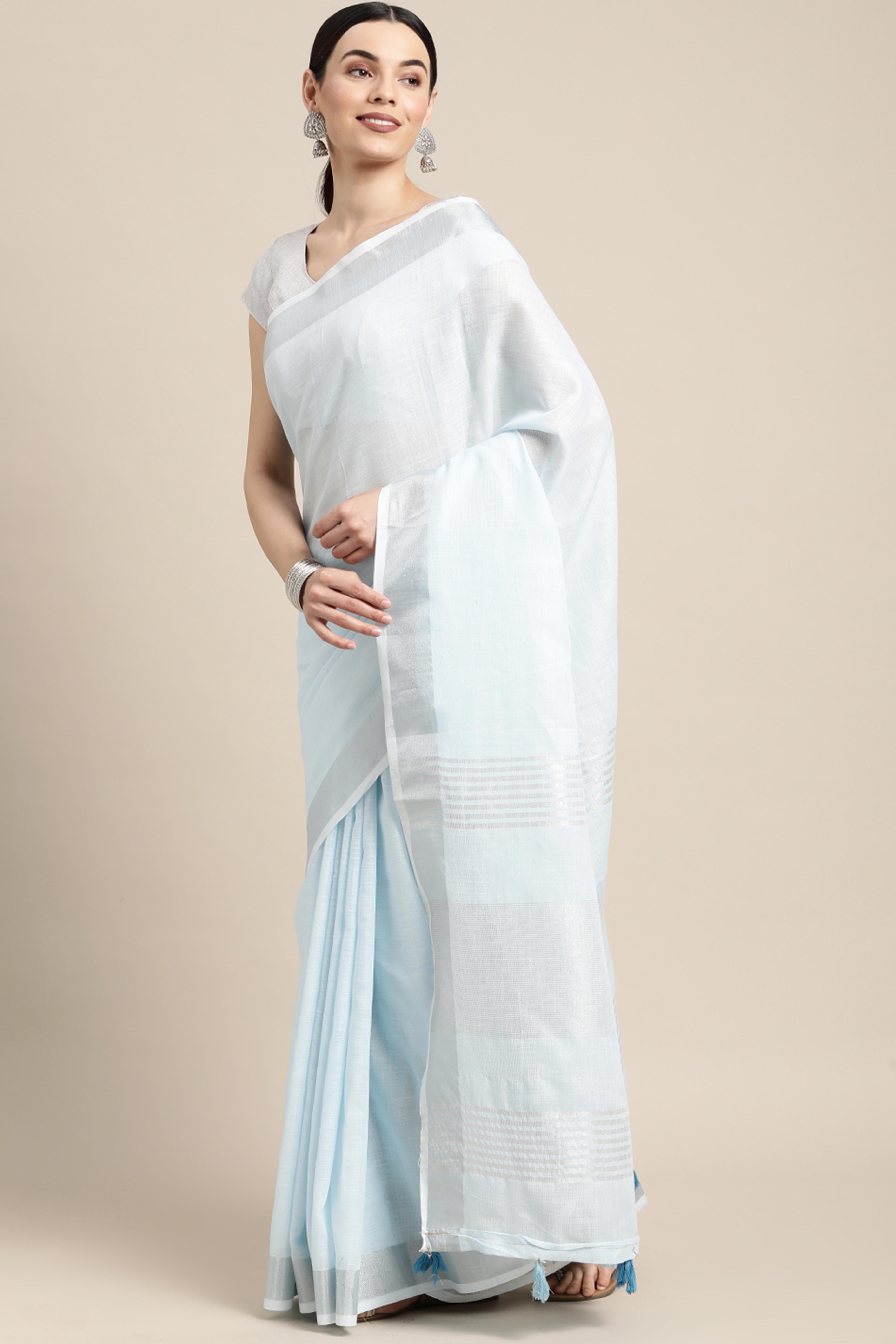 Light Sky Blue Linen Saree Adorned With Silver Zari Weaving Border & Pallu