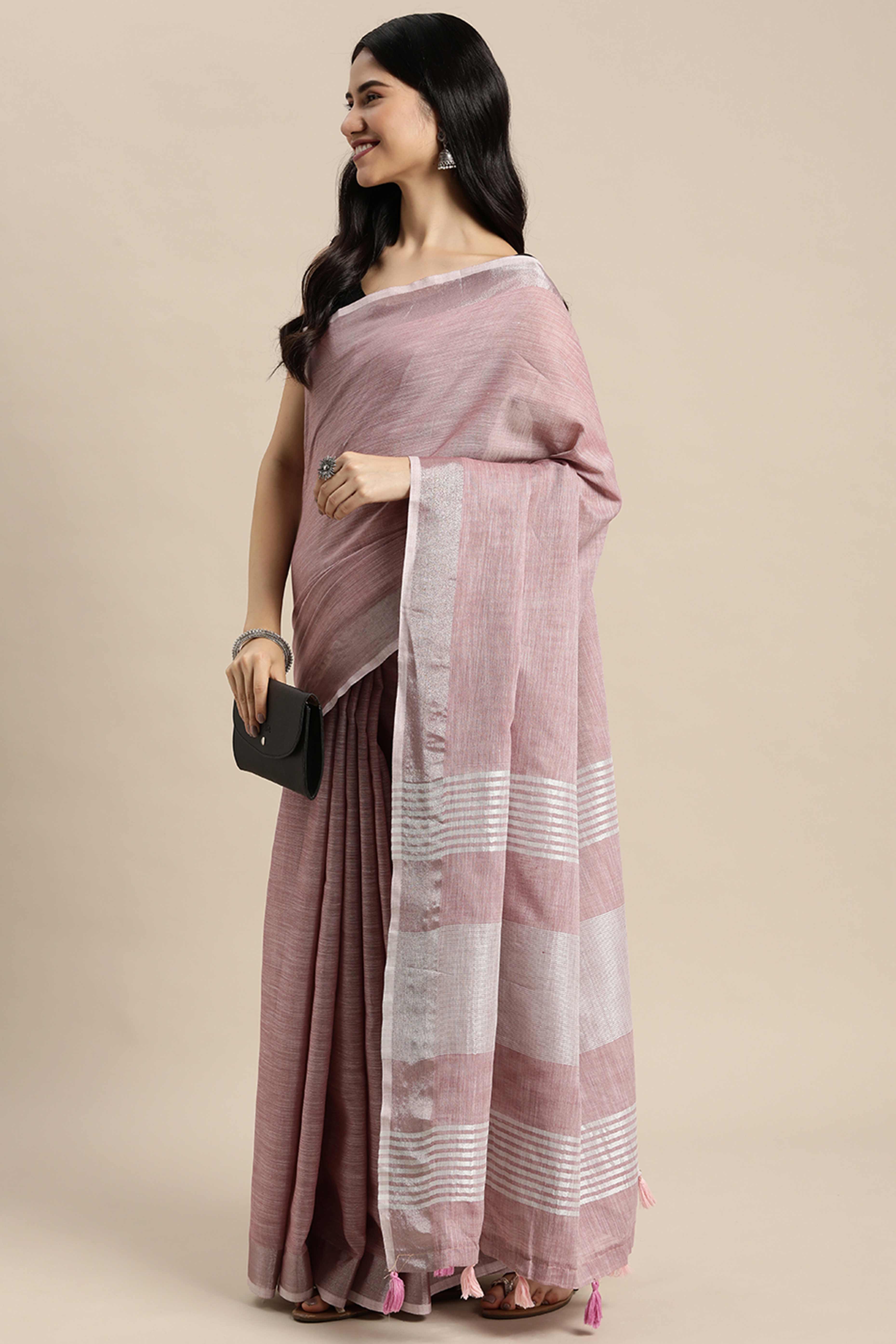 Dusty Mauve Linen Saree Adorned With Silver Zari Weaving Border & Pallu